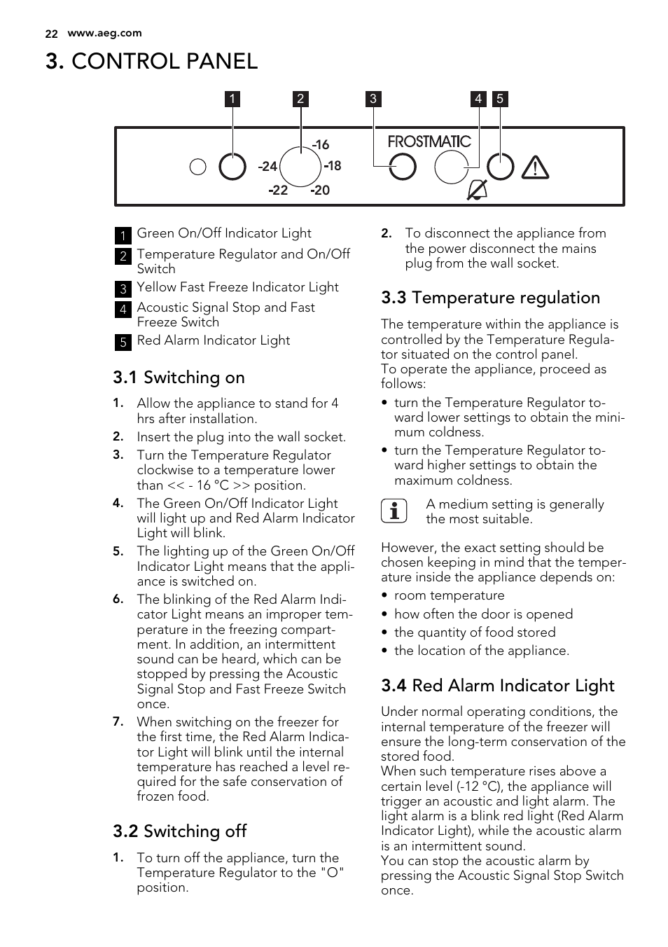 Control panel, 1 switching on, 2 switching off | 3 temperature regulation, 4 red alarm indicator light | AEG A71100TSW0 User Manual | Page 22 / 68