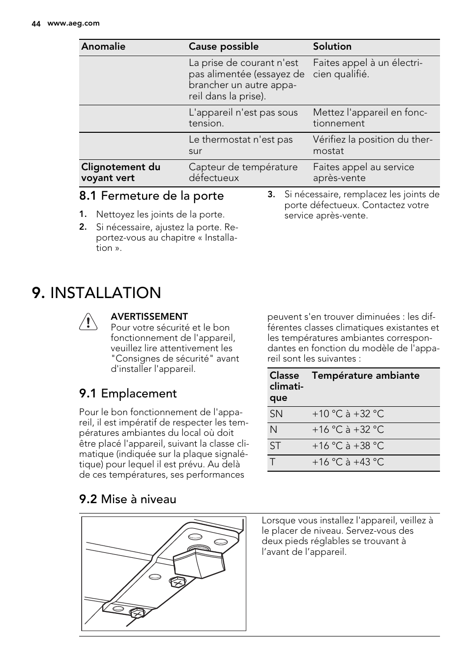 Installation, 1 fermeture de la porte, 1 emplacement | 2 mise à niveau | AEG A71100TSW0 User Manual | Page 44 / 68