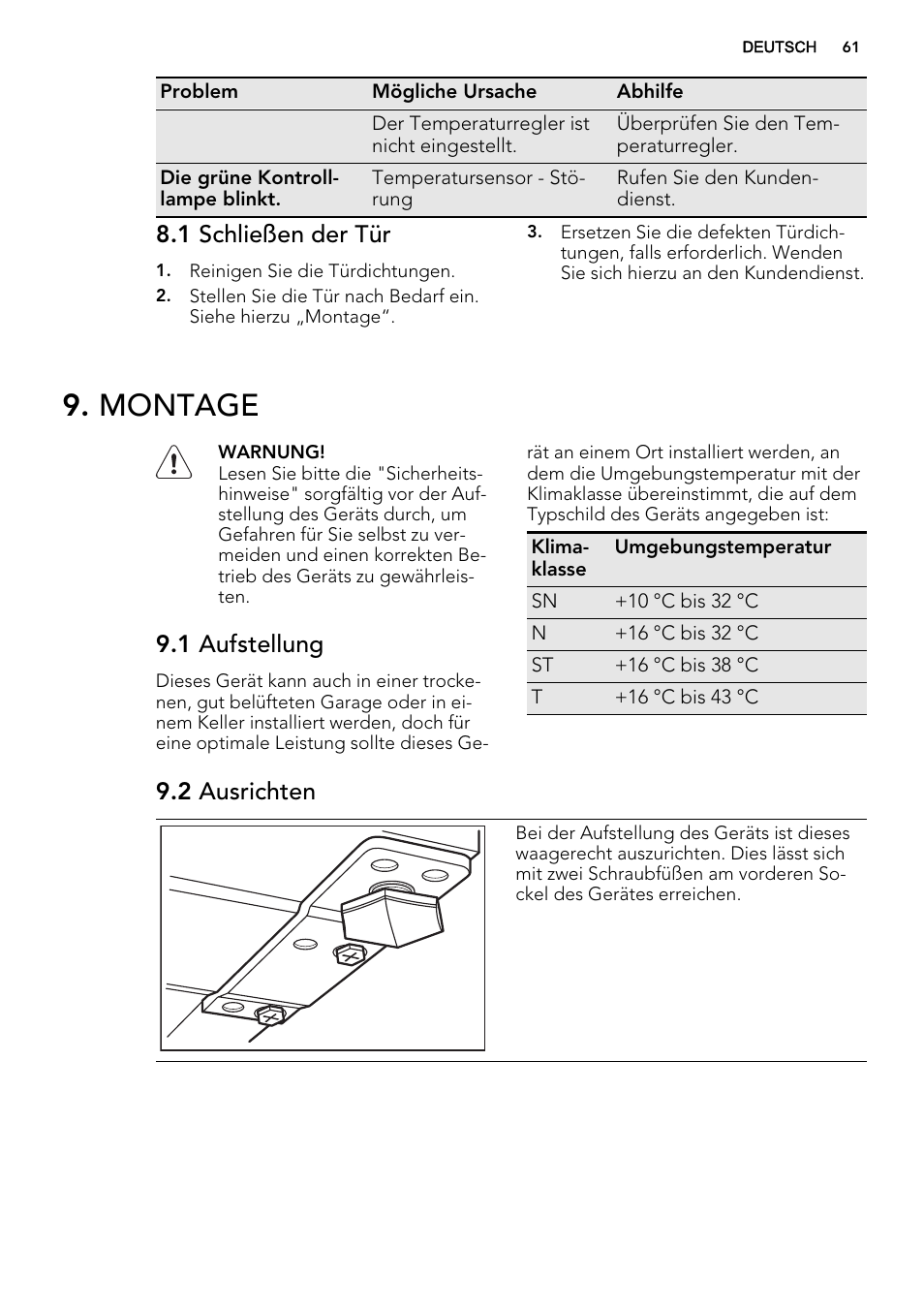 Montage, 1 schließen der tür, 1 aufstellung | 2 ausrichten | AEG A71100TSW0 User Manual | Page 61 / 68
