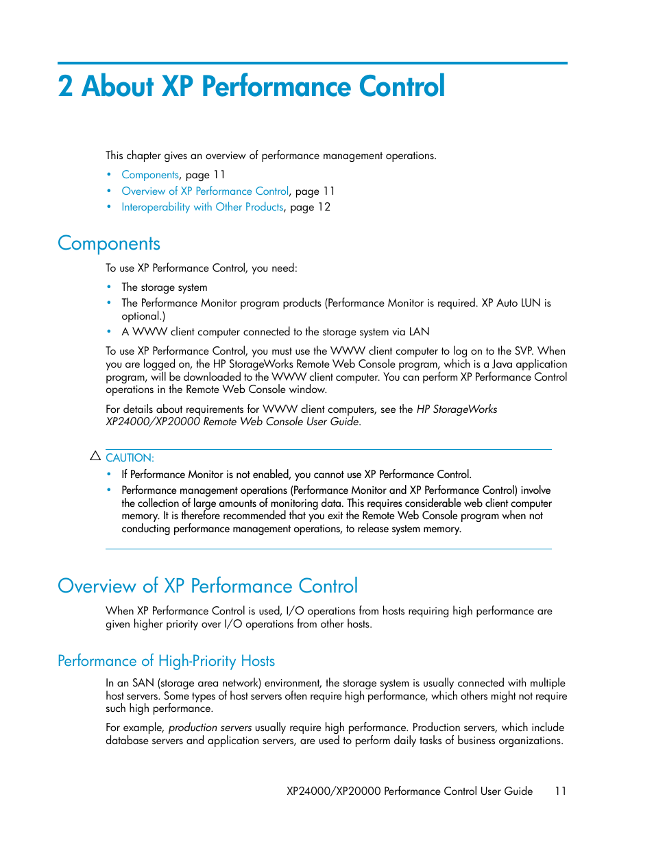 2 about xp performance control, Components, Overview of xp performance control | Performance of high-priority hosts, 11 overview of xp performance control | HP XP Array Manager Software User Manual | Page 11 / 56