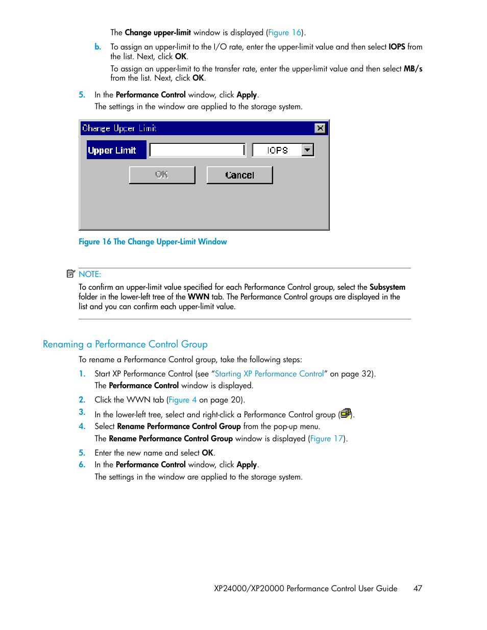 Renaming a performance control group, The change upper-limit window | HP XP Array Manager Software User Manual | Page 47 / 56