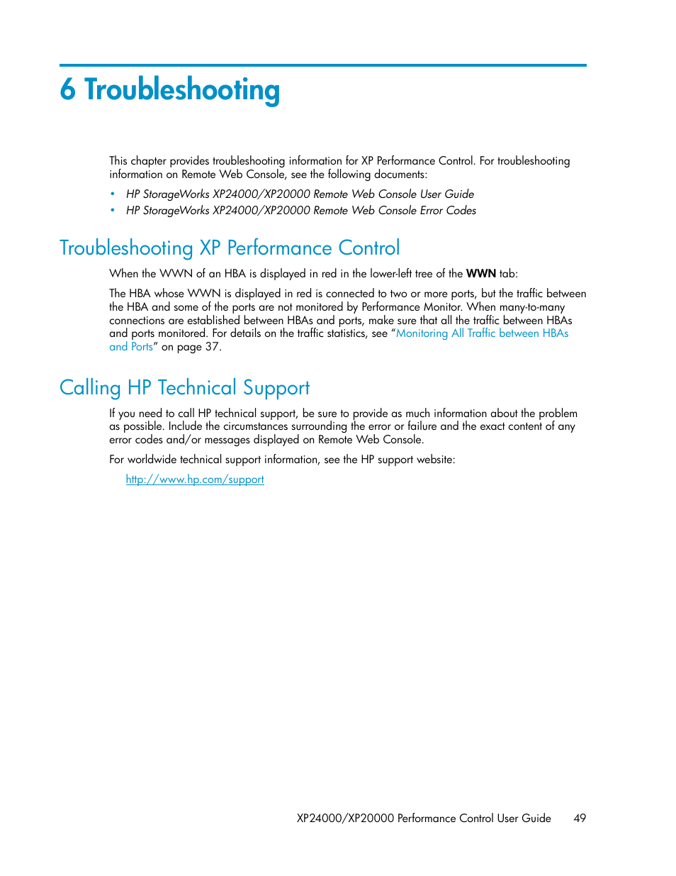 6 troubleshooting, Troubleshooting xp performance control, Calling hp technical support | 49 calling hp technical support | HP XP Array Manager Software User Manual | Page 49 / 56