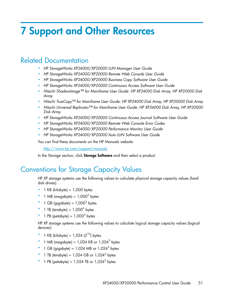 7 support and other resources, Related documentation, Conventions for storage capacity values | 51 conventions for storage capacity values | HP XP Array Manager Software User Manual | Page 51 / 56