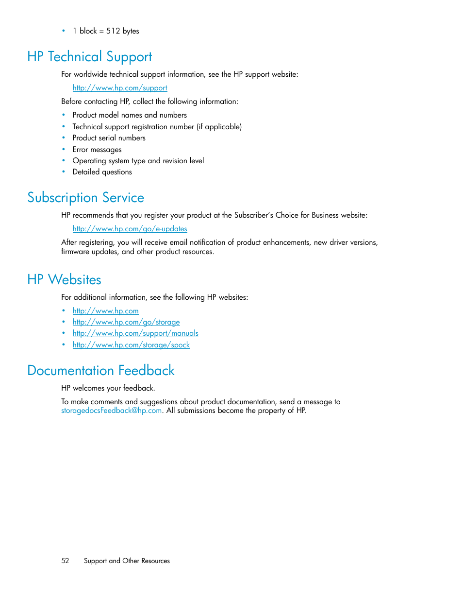 Hp technical support, Subscription service, Hp websites | Documentation feedback, 52 subscription service, 52 hp websites, 52 documentation feedback | HP XP Array Manager Software User Manual | Page 52 / 56
