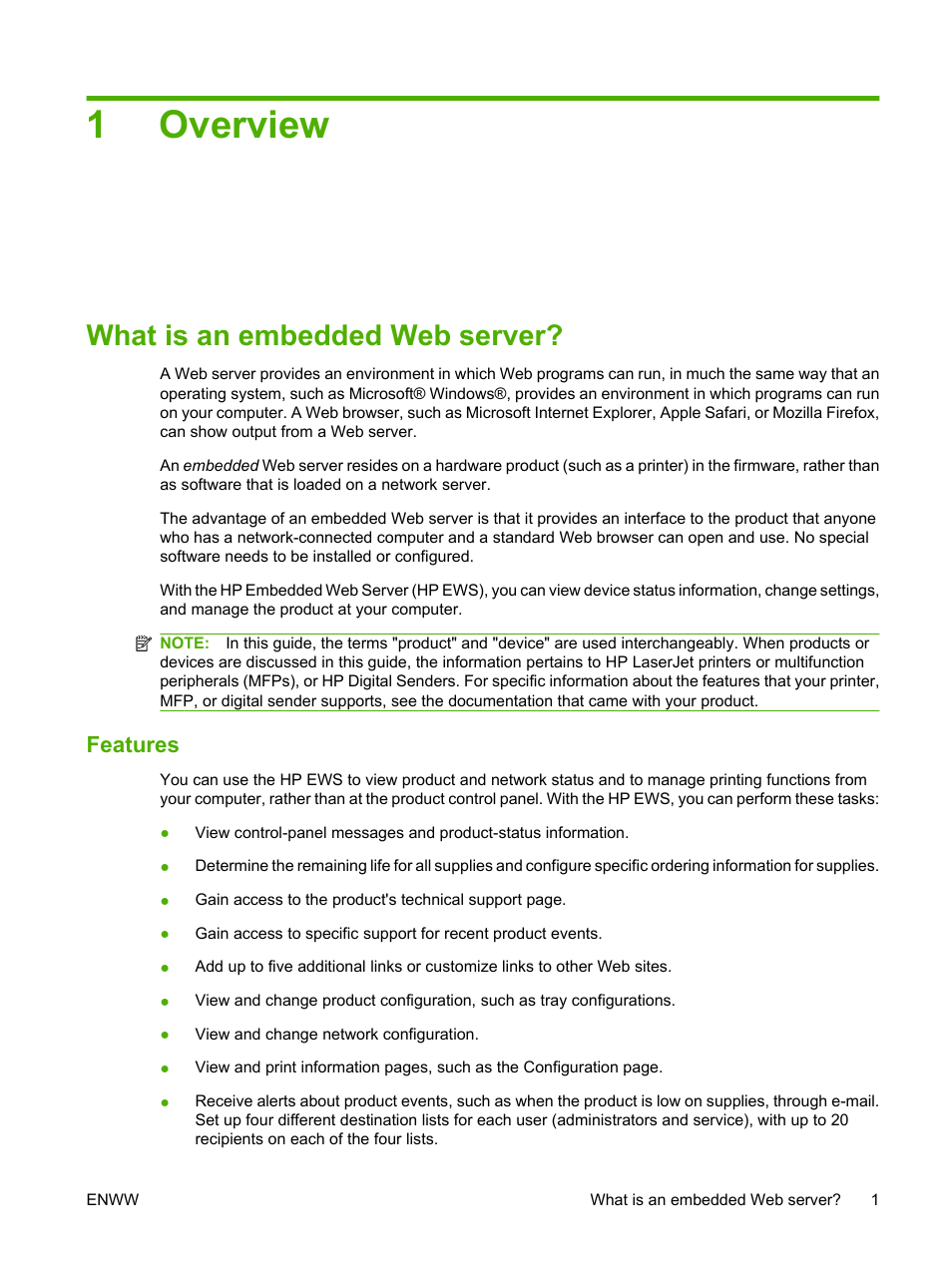 Overview, What is an embedded web server, Features | 1 overview, 1overview | HP LaserJet M9040M9050 Multifunction Printer series User Manual | Page 13 / 106