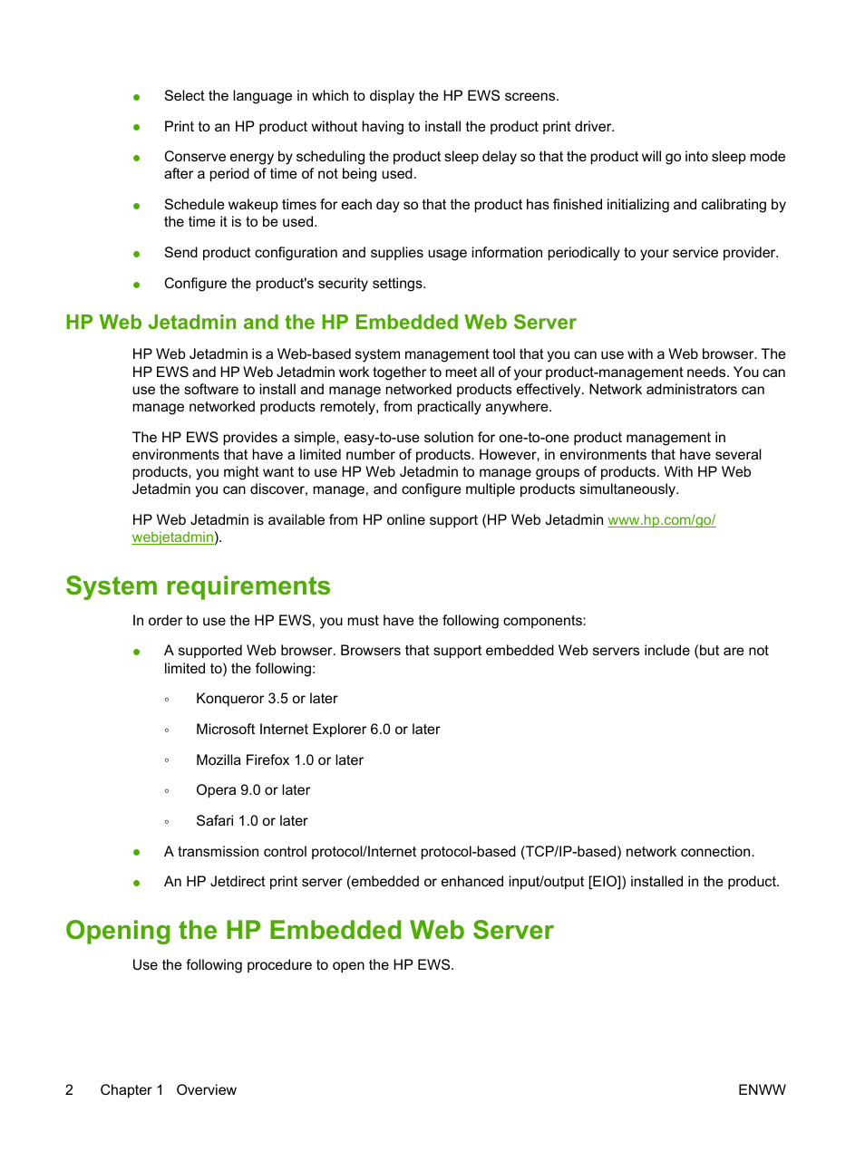 Hp web jetadmin and the hp embedded web server, System requirements, Opening the hp embedded web server | HP LaserJet M9040M9050 Multifunction Printer series User Manual | Page 14 / 106