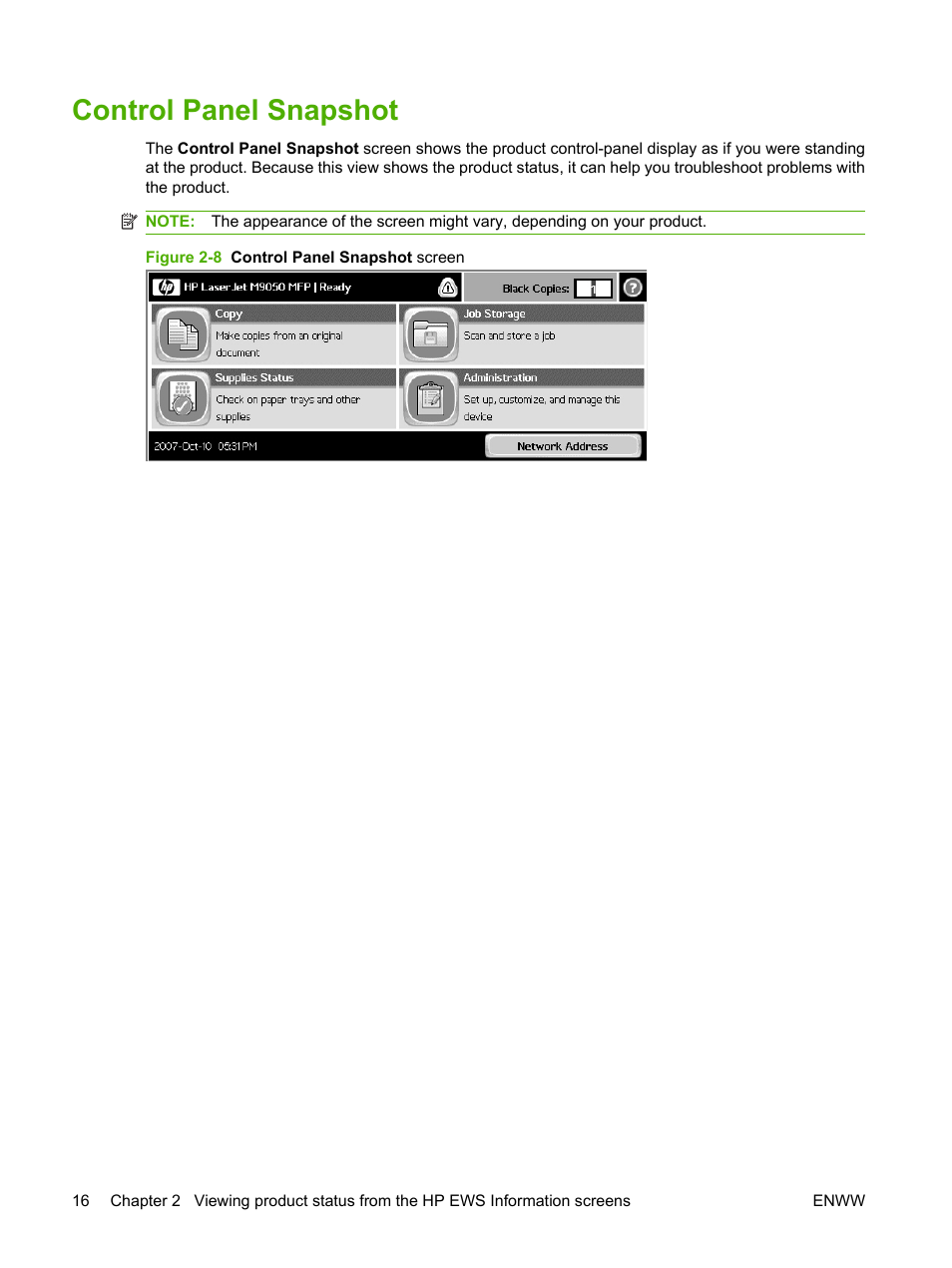 Control panel snapshot, Figure 2-8 control panel snapshot screen | HP LaserJet M9040M9050 Multifunction Printer series User Manual | Page 28 / 106