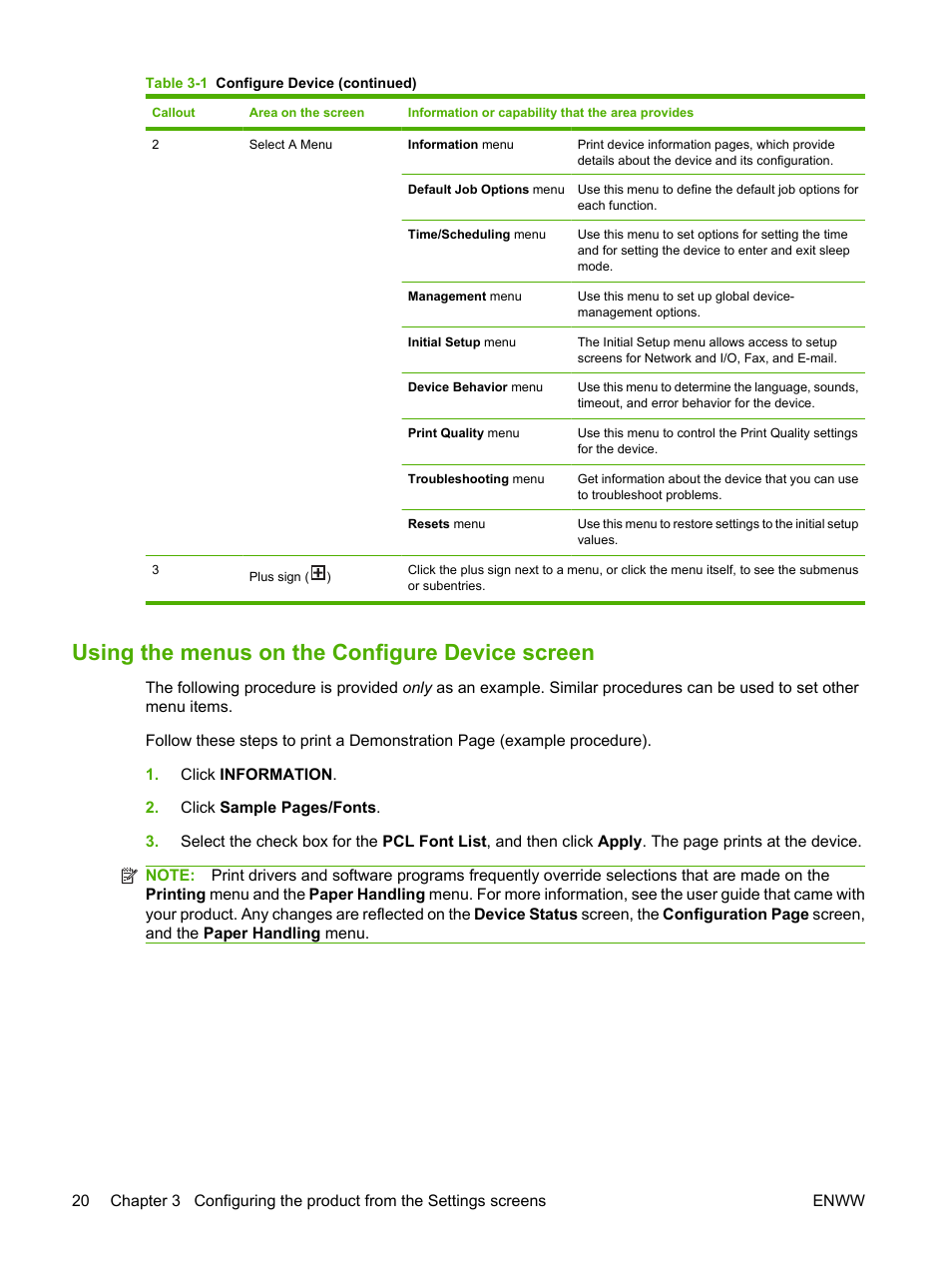 Using the menus on the configure device screen | HP LaserJet M9040M9050 Multifunction Printer series User Manual | Page 32 / 106