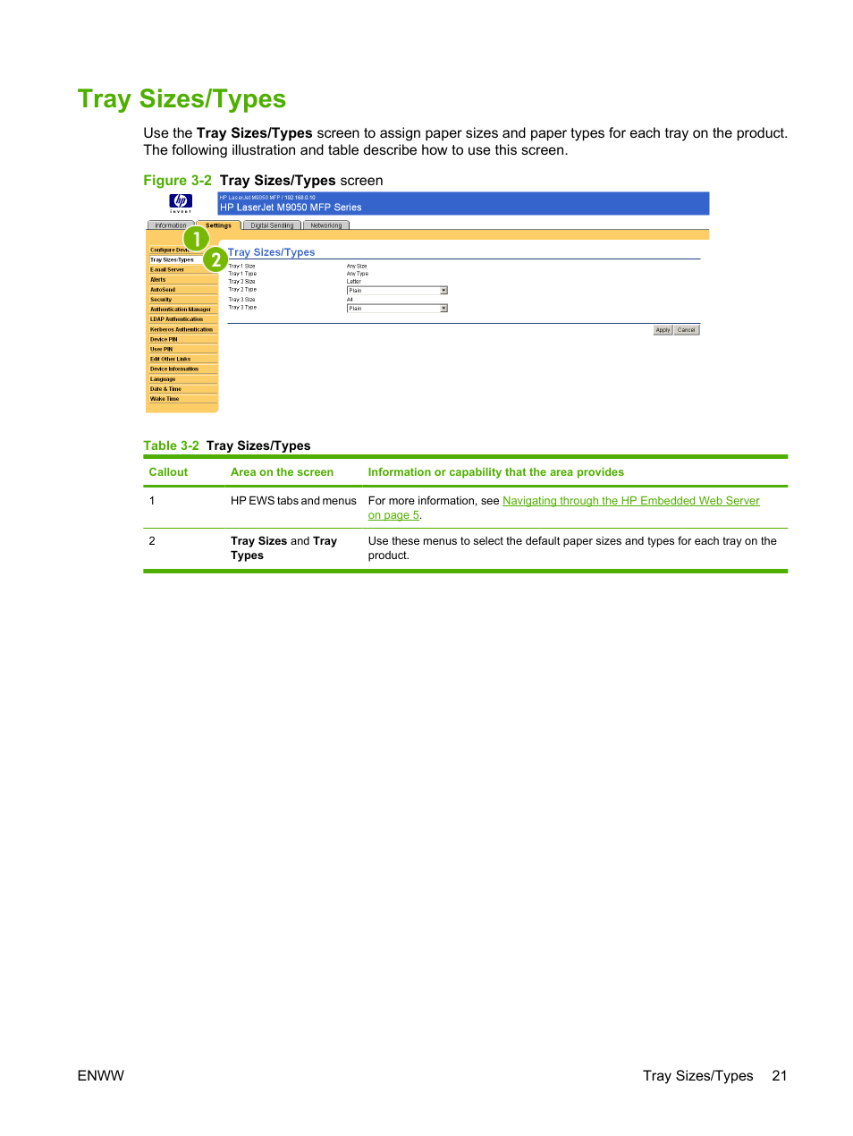 Tray sizes/types, Table 3-2 tray sizes/types, Figure 3-2 tray sizes/types screen | HP LaserJet M9040M9050 Multifunction Printer series User Manual | Page 33 / 106