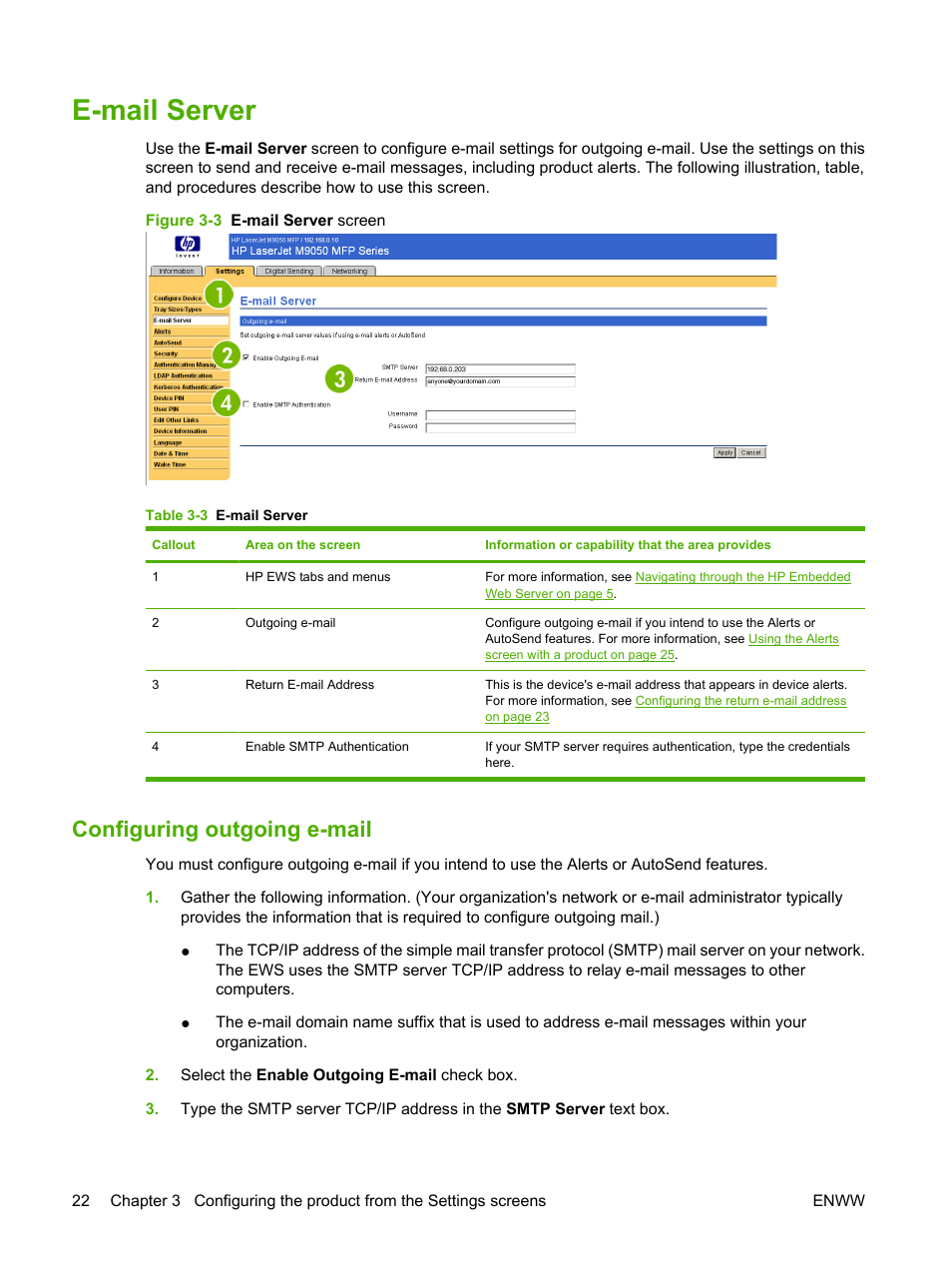 E-mail server, Configuring outgoing e-mail, Table 3-3 e-mail server | Figure 3-3 e-mail server screen | HP LaserJet M9040M9050 Multifunction Printer series User Manual | Page 34 / 106
