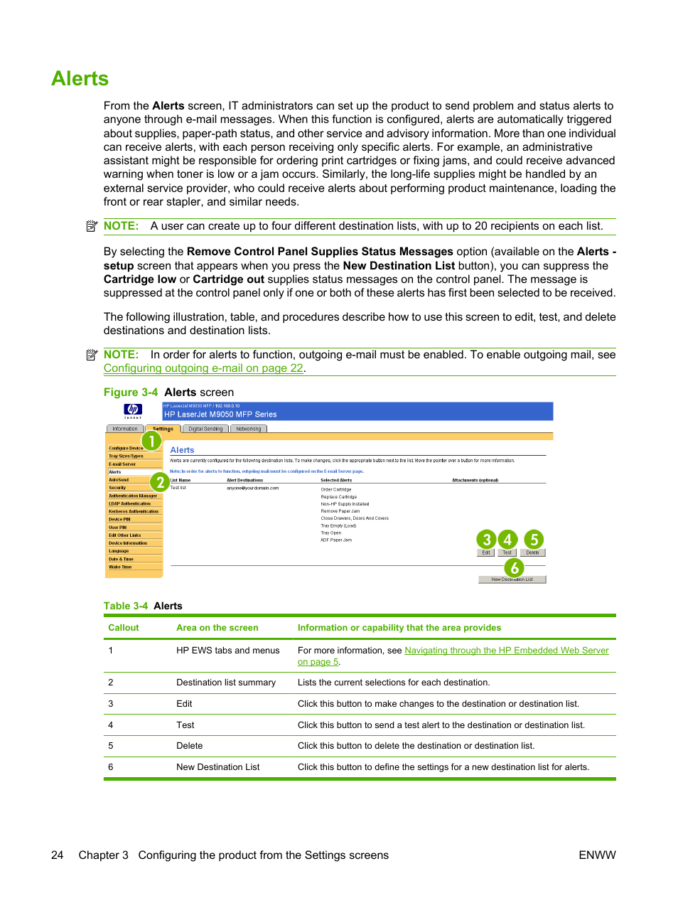Alerts, Table 3-4 alerts, Figure 3-4 alerts screen | HP LaserJet M9040M9050 Multifunction Printer series User Manual | Page 36 / 106