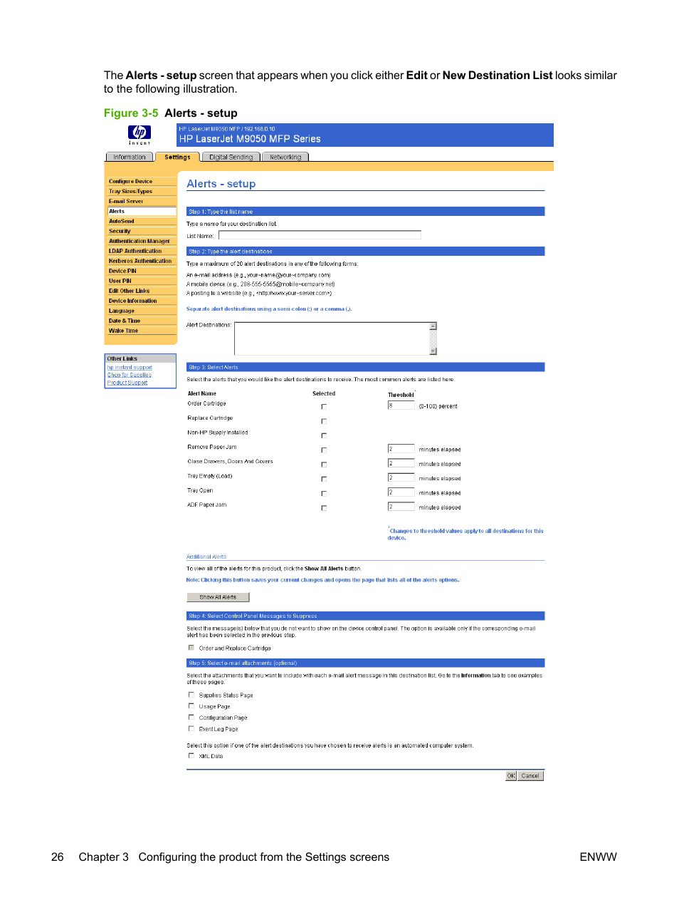 Figure 3-5 alerts - setup | HP LaserJet M9040M9050 Multifunction Printer series User Manual | Page 38 / 106