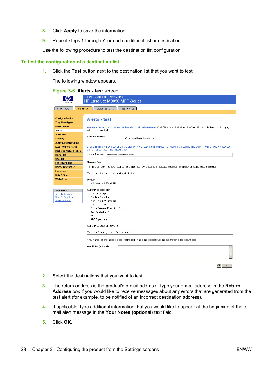 Figure 3-6 alerts - test screen | HP LaserJet M9040M9050 Multifunction Printer series User Manual | Page 40 / 106