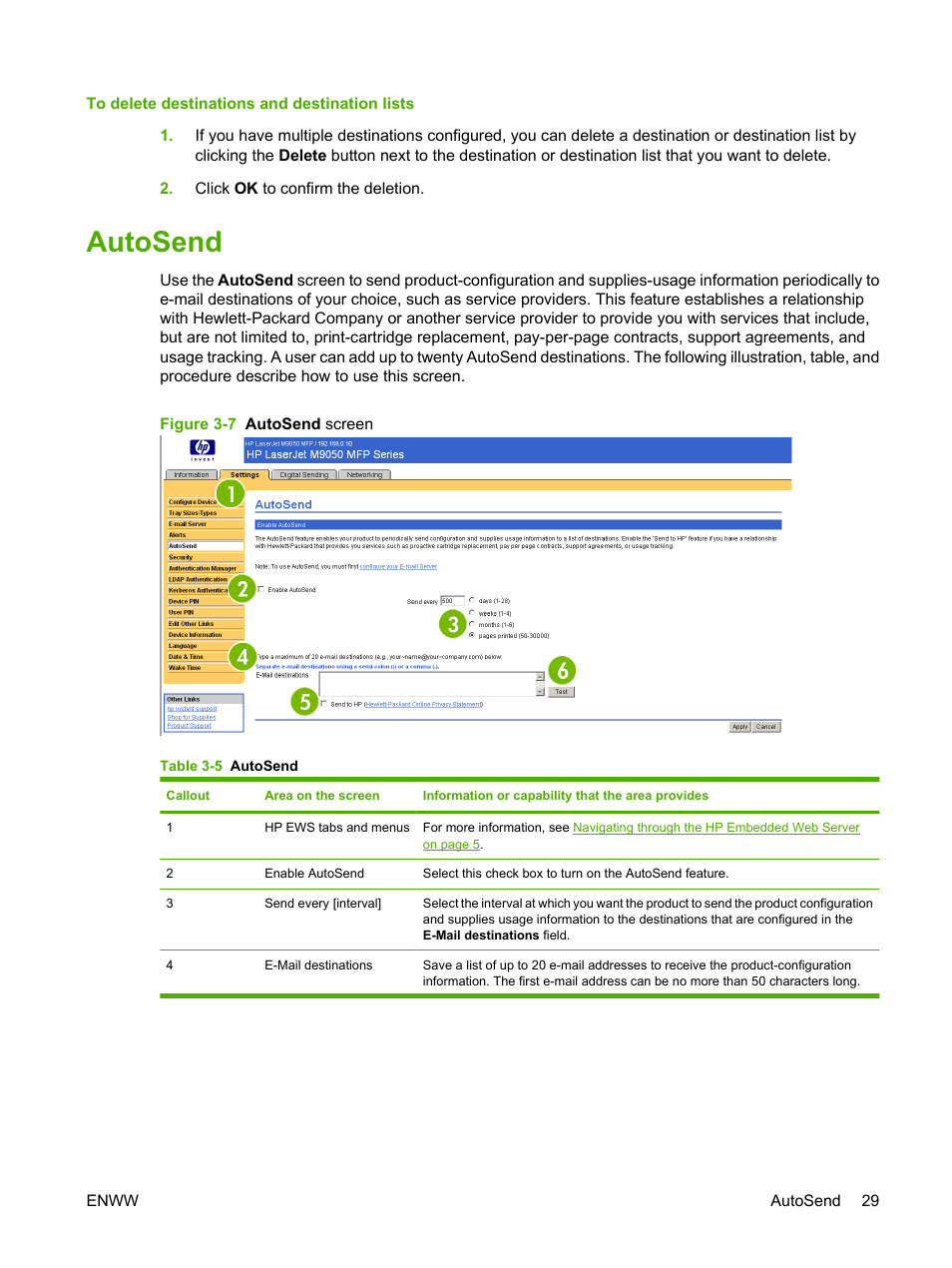 Autosend, Table 3-5 autosend, Figure 3-7 autosend screen | HP LaserJet M9040M9050 Multifunction Printer series User Manual | Page 41 / 106