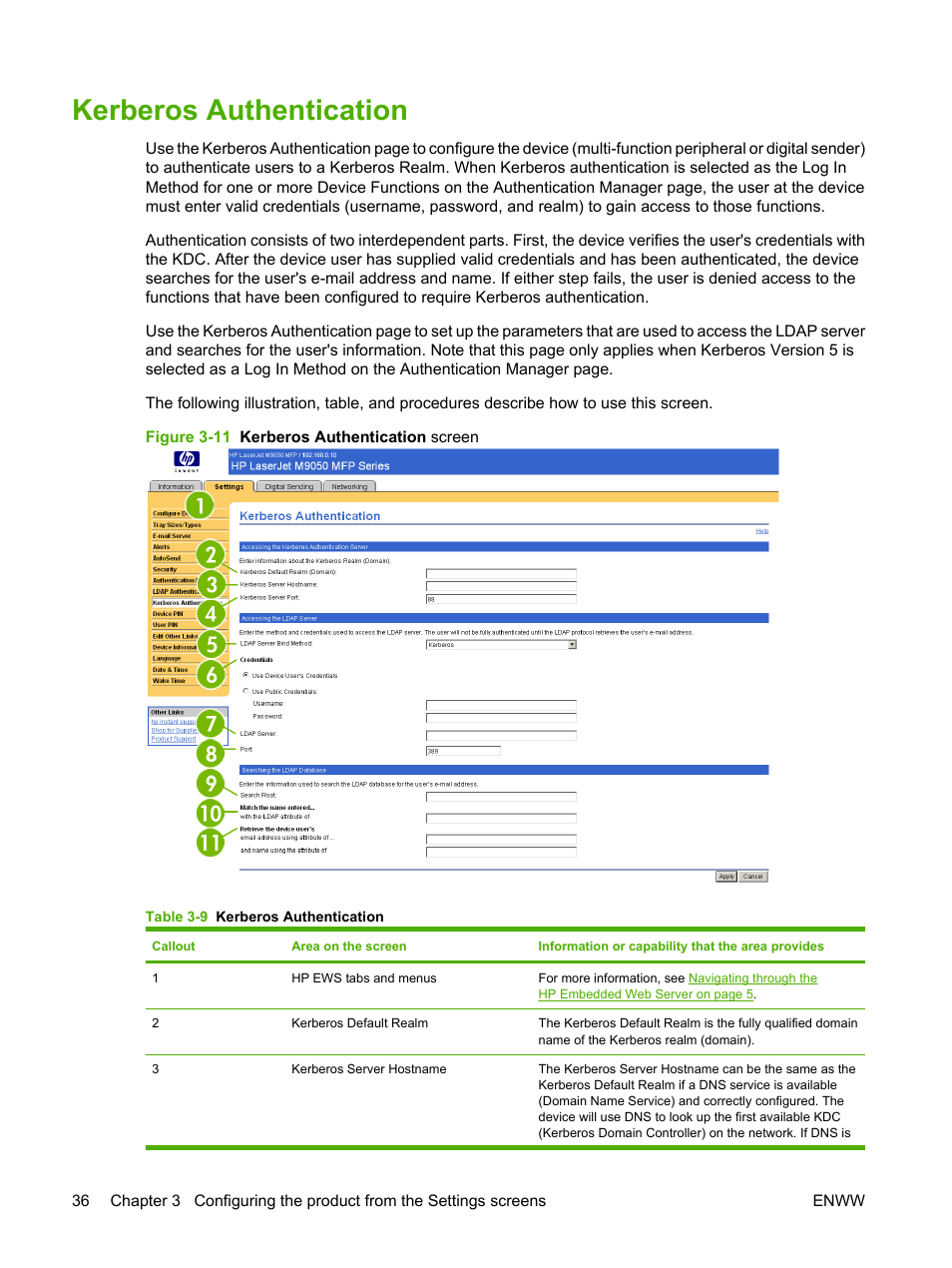 Kerberos authentication, Table 3-9 kerberos authentication, Figure 3-11 kerberos authentication screen | HP LaserJet M9040M9050 Multifunction Printer series User Manual | Page 48 / 106