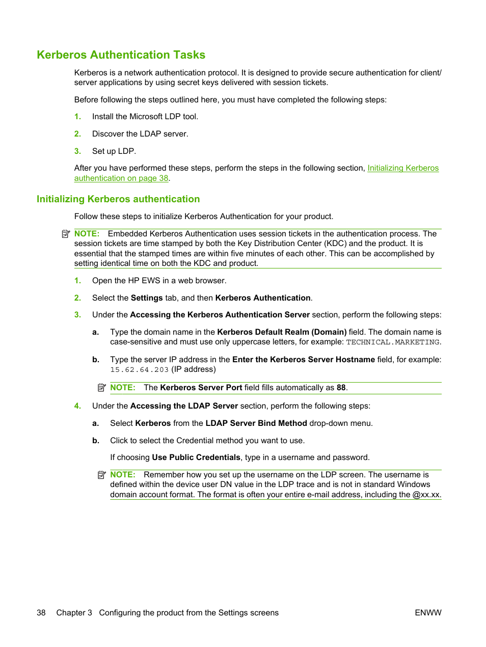 Kerberos authentication tasks, Initializing kerberos authentication | HP LaserJet M9040M9050 Multifunction Printer series User Manual | Page 50 / 106