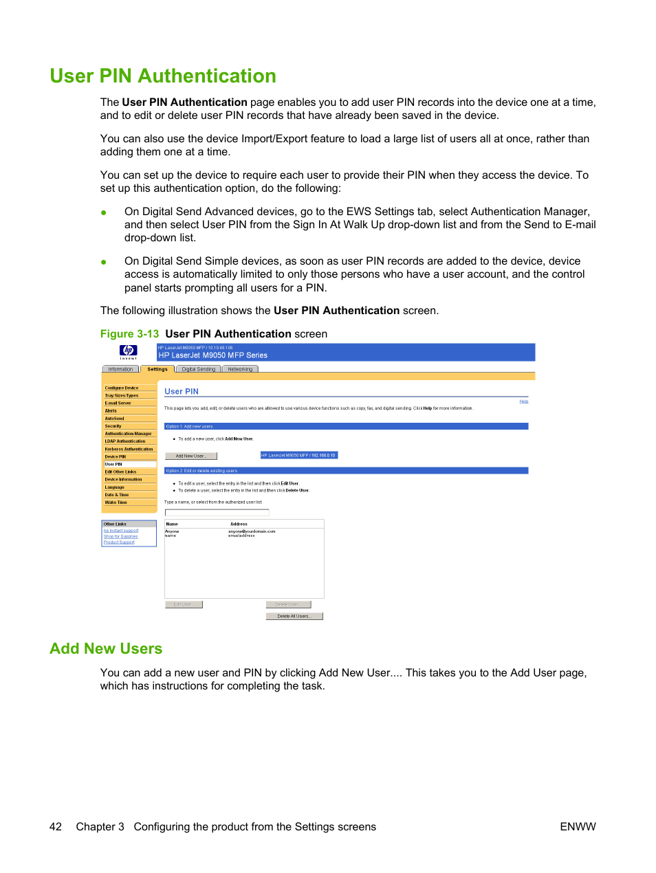 User pin authentication, Add new users, Figure 3-13 user pin authentication screen | HP LaserJet M9040M9050 Multifunction Printer series User Manual | Page 54 / 106