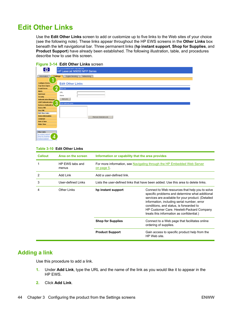 Edit other links, Adding a link, Table 3-10 edit other links | Figure 3-14 edit other links screen | HP LaserJet M9040M9050 Multifunction Printer series User Manual | Page 56 / 106