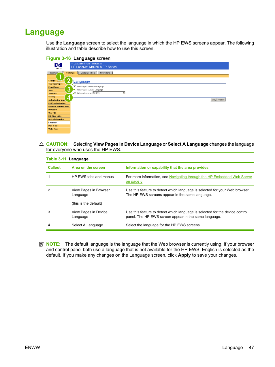 Language, Table 3-11 language, Figure 3-16 language screen | HP LaserJet M9040M9050 Multifunction Printer series User Manual | Page 59 / 106