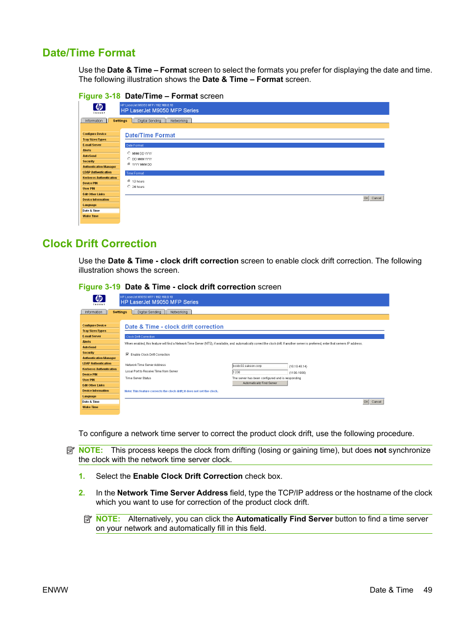 Date/time format, Clock drift correction, Date/time format clock drift correction | Figure 3-18 date/time – format screen | HP LaserJet M9040M9050 Multifunction Printer series User Manual | Page 61 / 106
