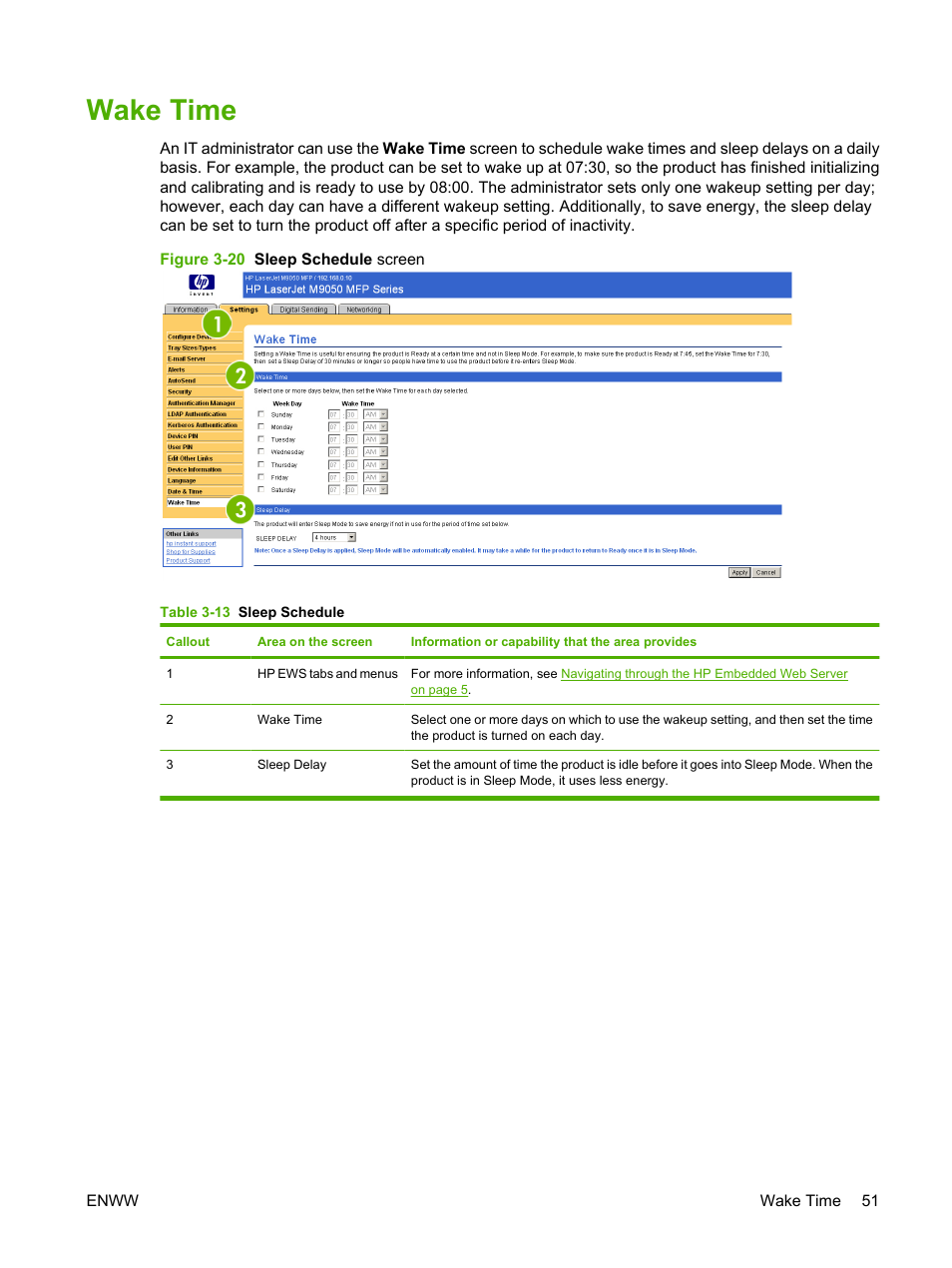 Wake time, Table 3-13 sleep schedule, Figure 3-20 sleep schedule screen | HP LaserJet M9040M9050 Multifunction Printer series User Manual | Page 63 / 106