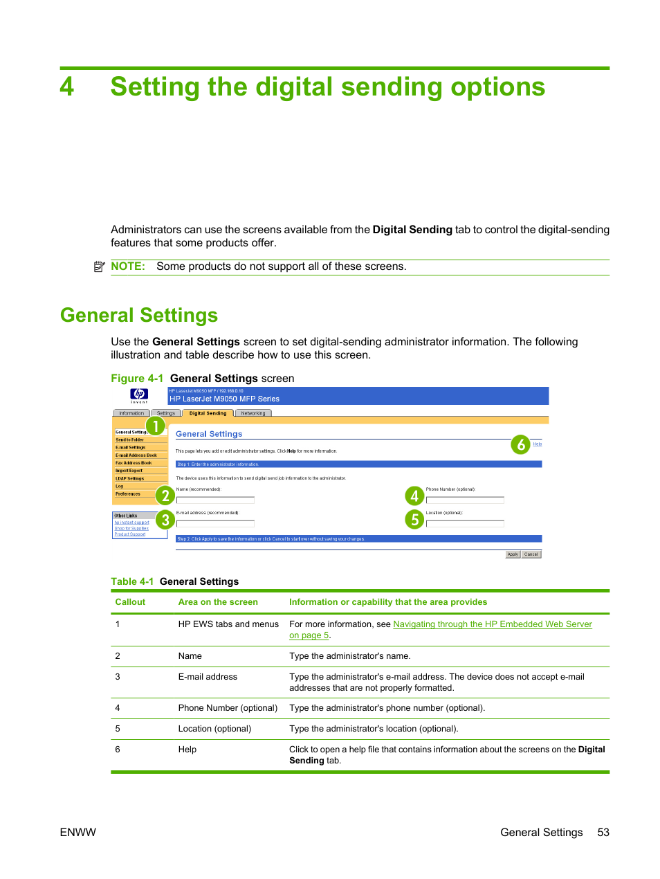 Setting the digital sending options, General settings, 4 setting the digital sending options | Table 4-1 general settings, Figure 4-1 general settings screen, 4setting the digital sending options | HP LaserJet M9040M9050 Multifunction Printer series User Manual | Page 65 / 106