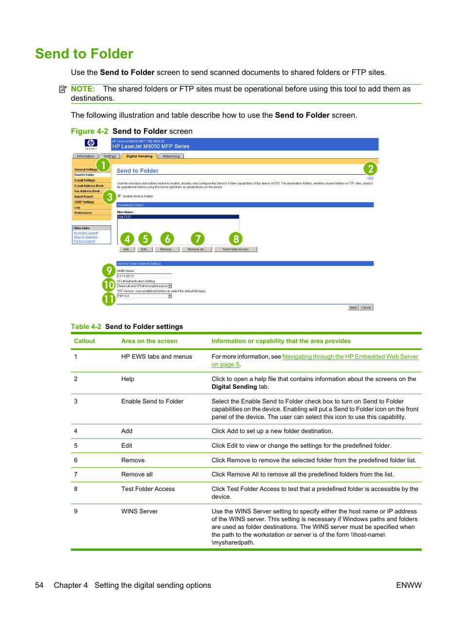 Send to folder, Table 4-2 send to folder settings, Figure 4-2 send to folder screen | HP LaserJet M9040M9050 Multifunction Printer series User Manual | Page 66 / 106