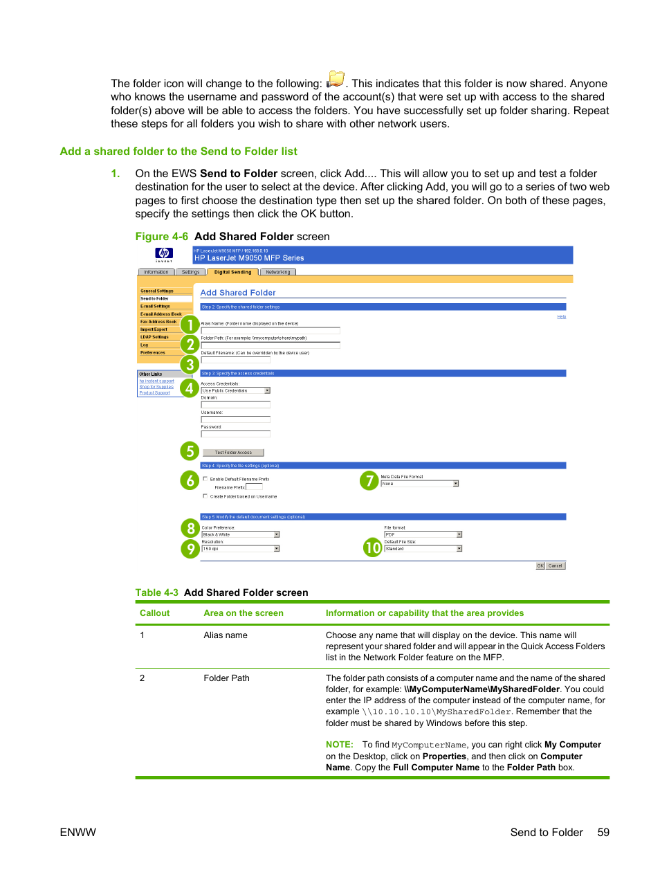 Table 4-3 add shared folder screen, Figure 4-6 add shared folder screen | HP LaserJet M9040M9050 Multifunction Printer series User Manual | Page 71 / 106