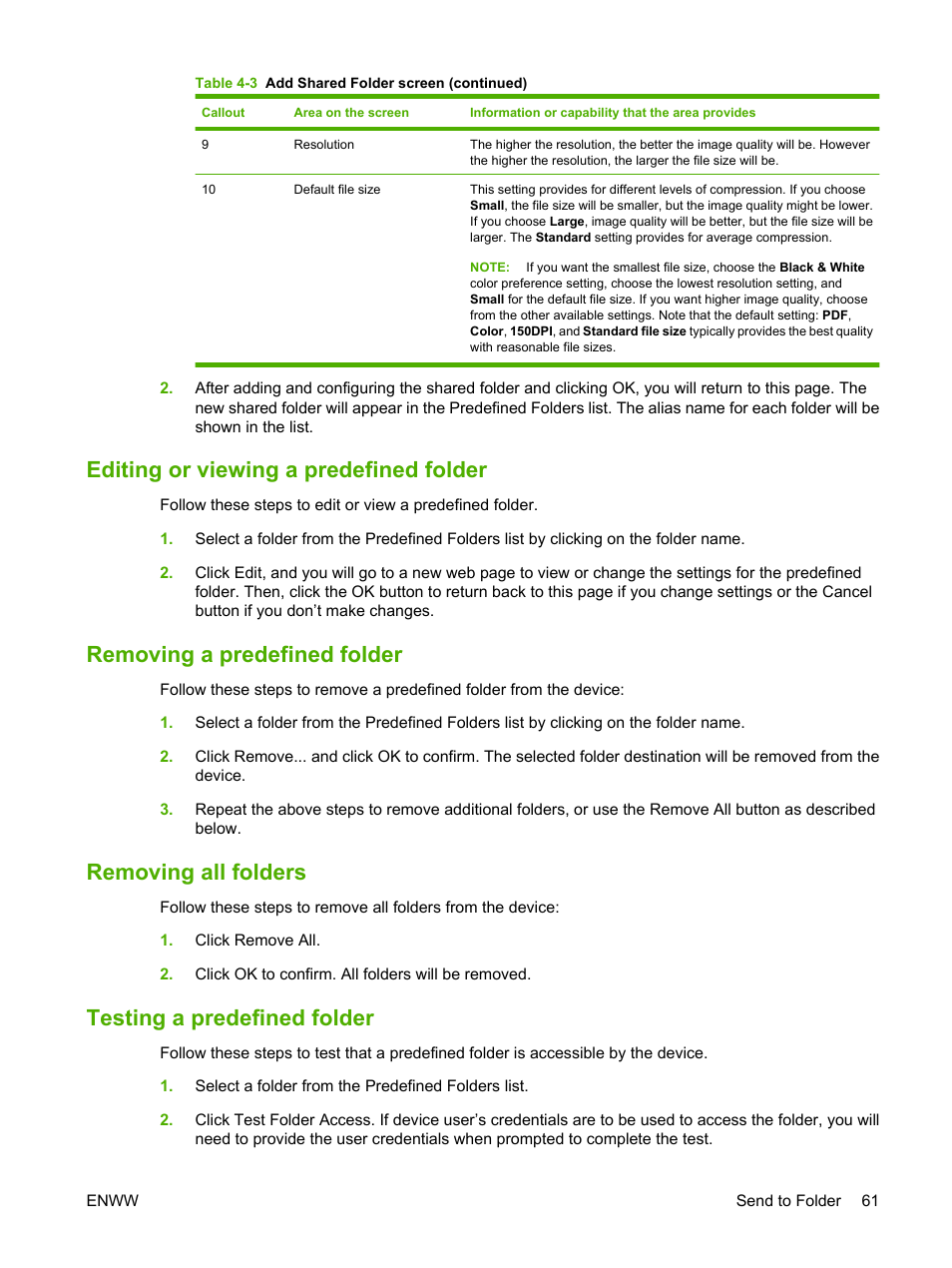 Editing or viewing a predefined folder, Removing a predefined folder, Removing all folders | Testing a predefined folder | HP LaserJet M9040M9050 Multifunction Printer series User Manual | Page 73 / 106