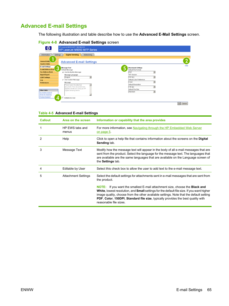 Advanced e-mail settings, Table 4-5 advanced e-mail settings, Figure 4-8 advanced e-mail settings screen | HP LaserJet M9040M9050 Multifunction Printer series User Manual | Page 77 / 106
