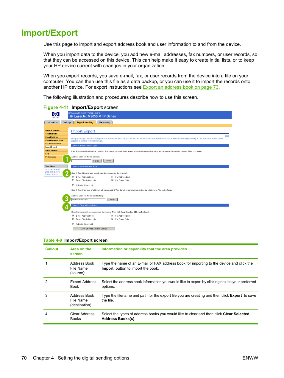 Import/export, Table 4-8 import/export screen, Figure 4-11 import/export screen | HP LaserJet M9040M9050 Multifunction Printer series User Manual | Page 82 / 106