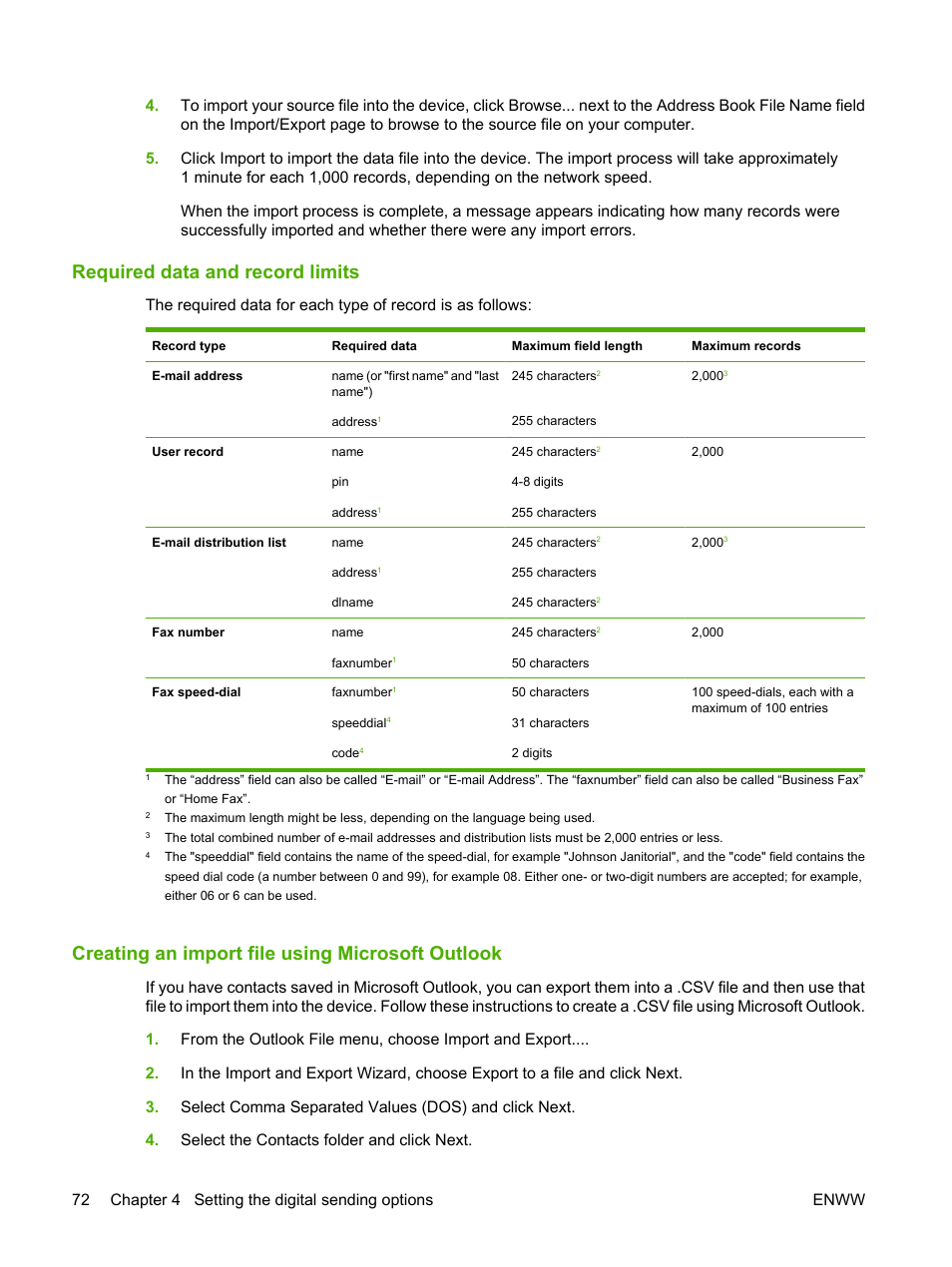 Required data and record limits, Creating an import file using microsoft outlook | HP LaserJet M9040M9050 Multifunction Printer series User Manual | Page 84 / 106