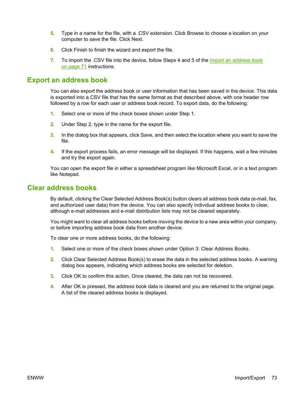 Export an address book, Clear address books, Export an address book clear address books | HP LaserJet M9040M9050 Multifunction Printer series User Manual | Page 85 / 106