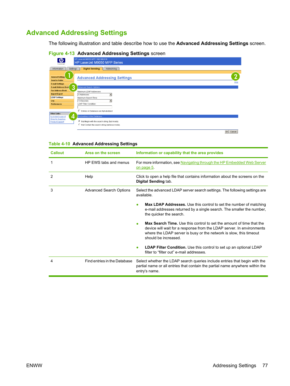 Advanced addressing settings, Table 4-10 advanced addressing settings, Figure 4-13 advanced addressing settings screen | N, see | HP LaserJet M9040M9050 Multifunction Printer series User Manual | Page 89 / 106