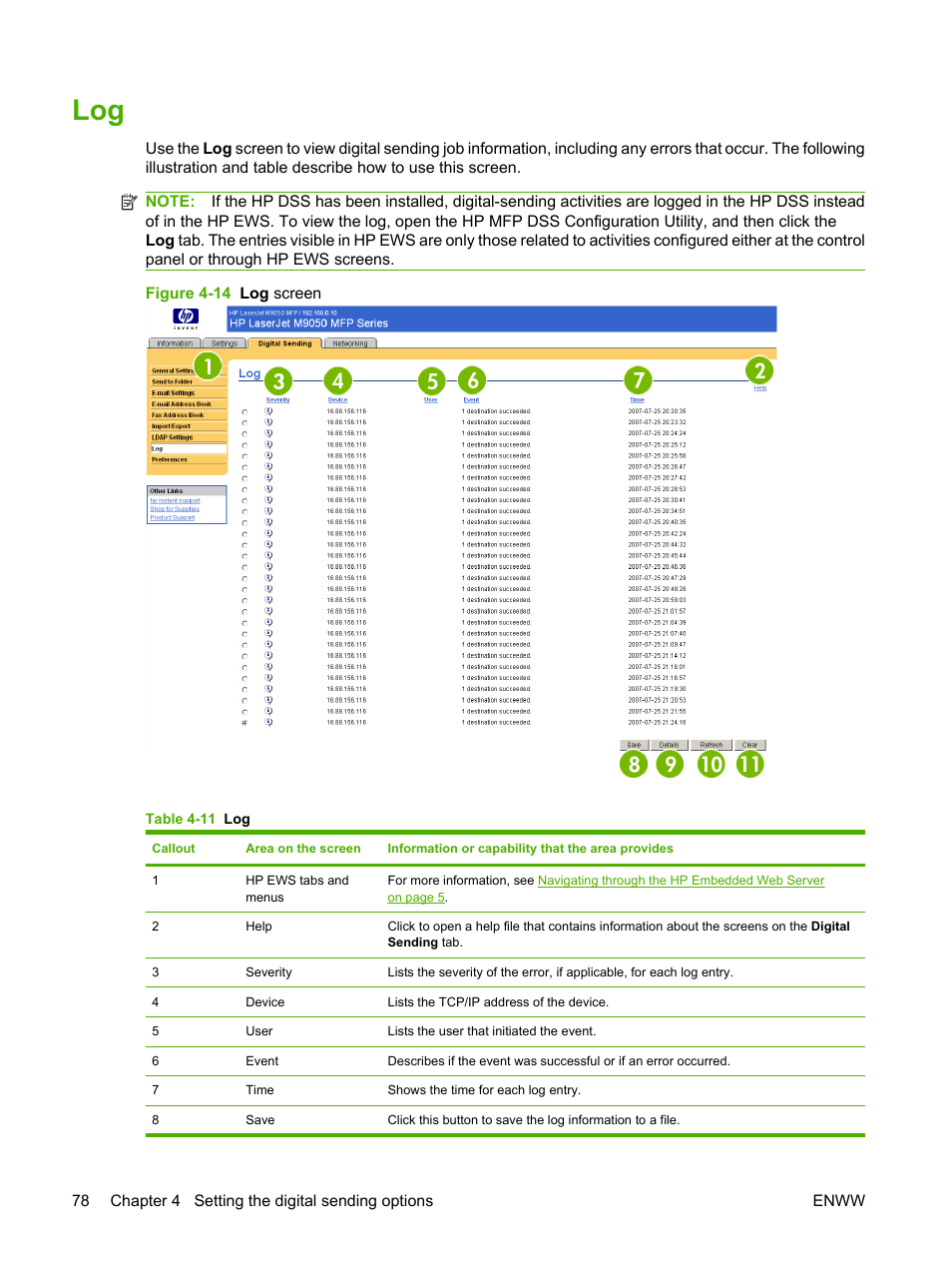 Table 4-11 log, Figure 4-14 log screen | HP LaserJet M9040M9050 Multifunction Printer series User Manual | Page 90 / 106