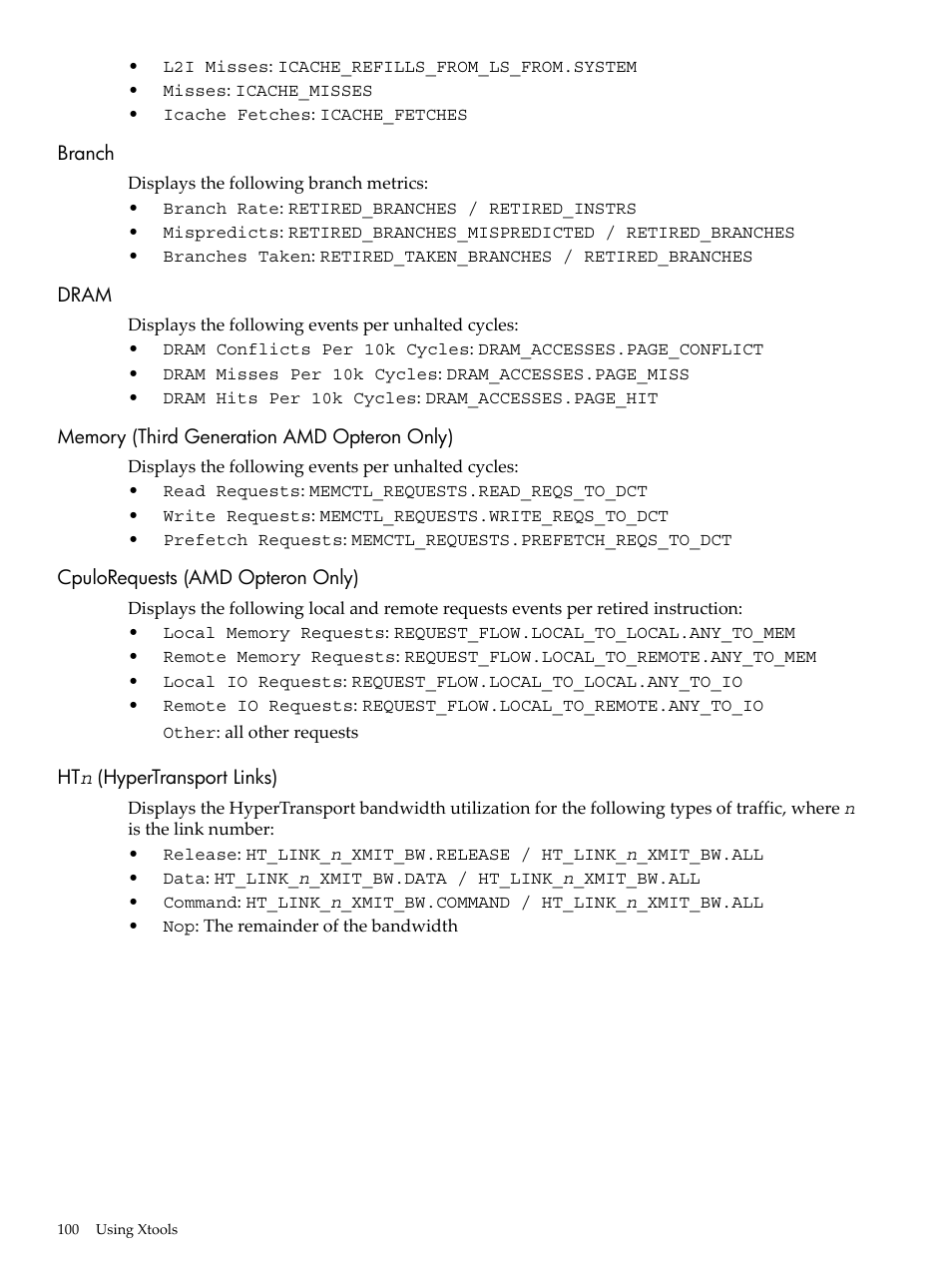 Branch, Dram, Memory (third generation amd opteron only) | Cpulorequests (amd opteron only), Htn (hypertransport links) | HP XC System 3.x Software User Manual | Page 100 / 131