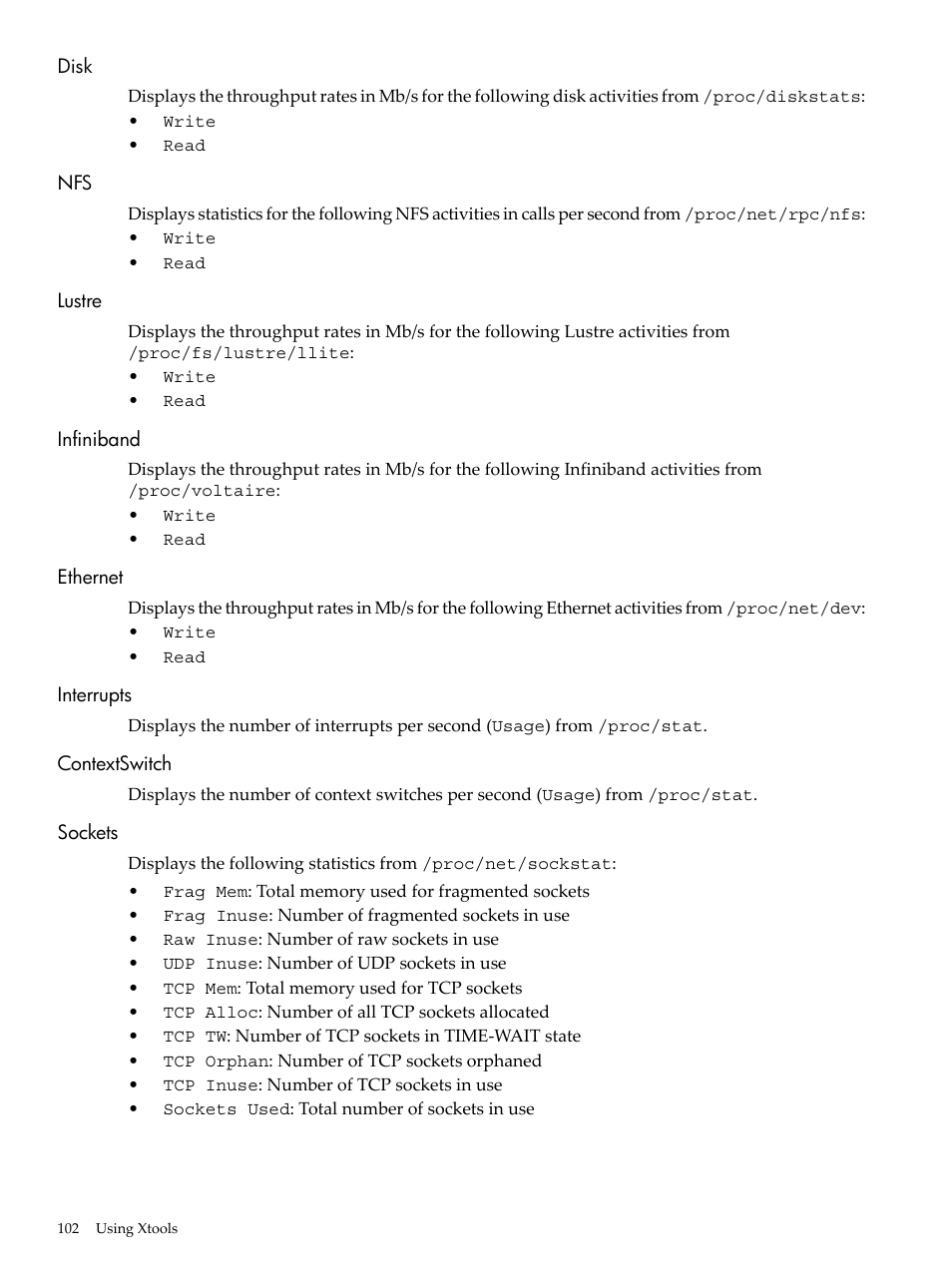 Disk, Lustre, Infiniband | Ethernet, Interrupts, Contextswitch, Sockets | HP XC System 3.x Software User Manual | Page 102 / 131