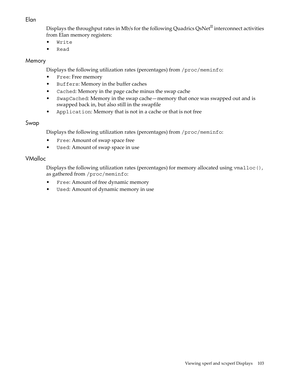 Elan, Memory, Swap | Vmalloc, Elan memory swap vmalloc | HP XC System 3.x Software User Manual | Page 103 / 131