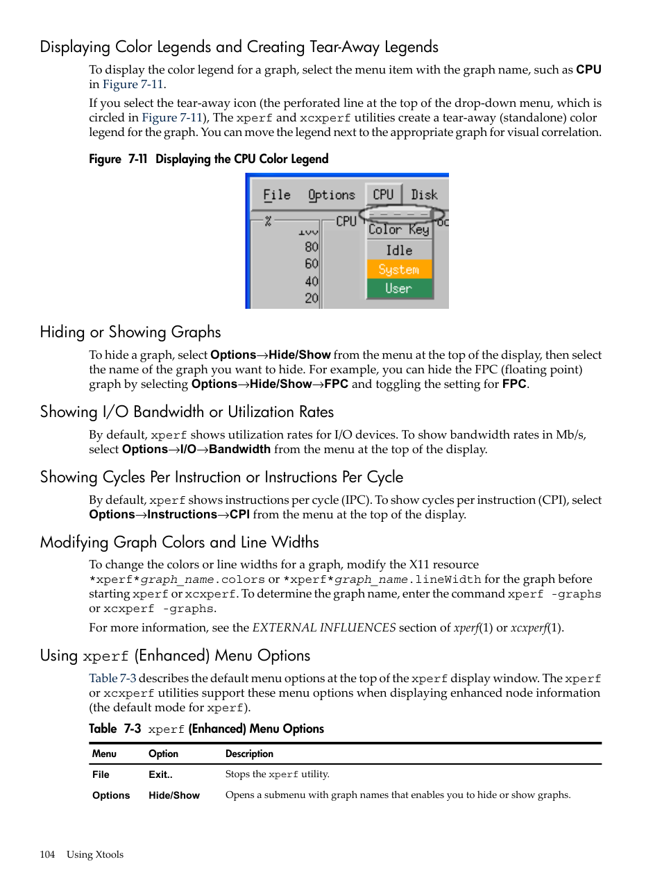 Hiding or showing graphs, Showing i/o bandwidth or utilization rates, Modifying graph colors and line widths | Using xperf (enhanced) menu options, Displaying the cpu color legend, Xperf, Enhanced) menu options | HP XC System 3.x Software User Manual | Page 104 / 131