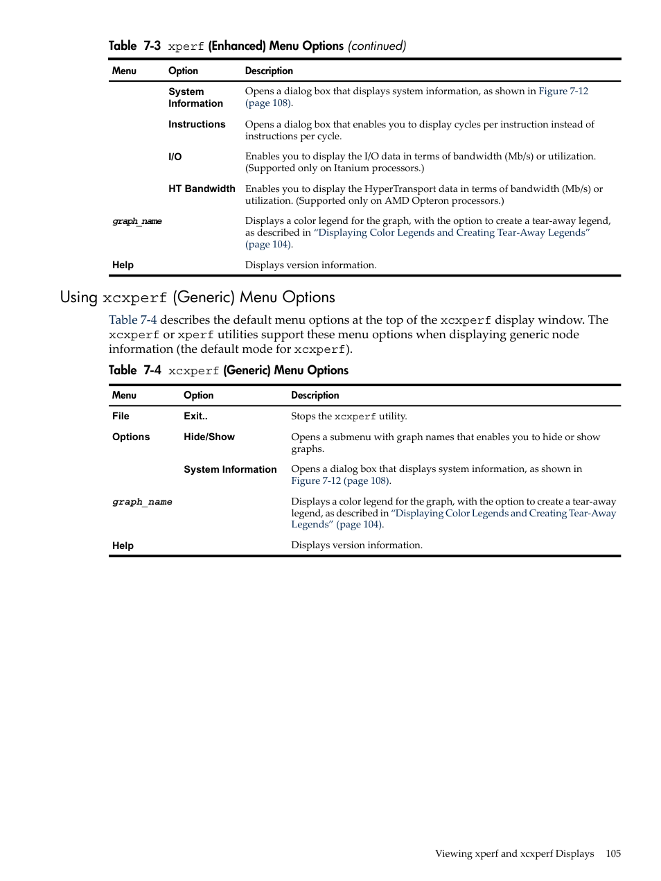 Using xcxperf (generic) menu options, Xcxperf, Generic) menu options | HP XC System 3.x Software User Manual | Page 105 / 131