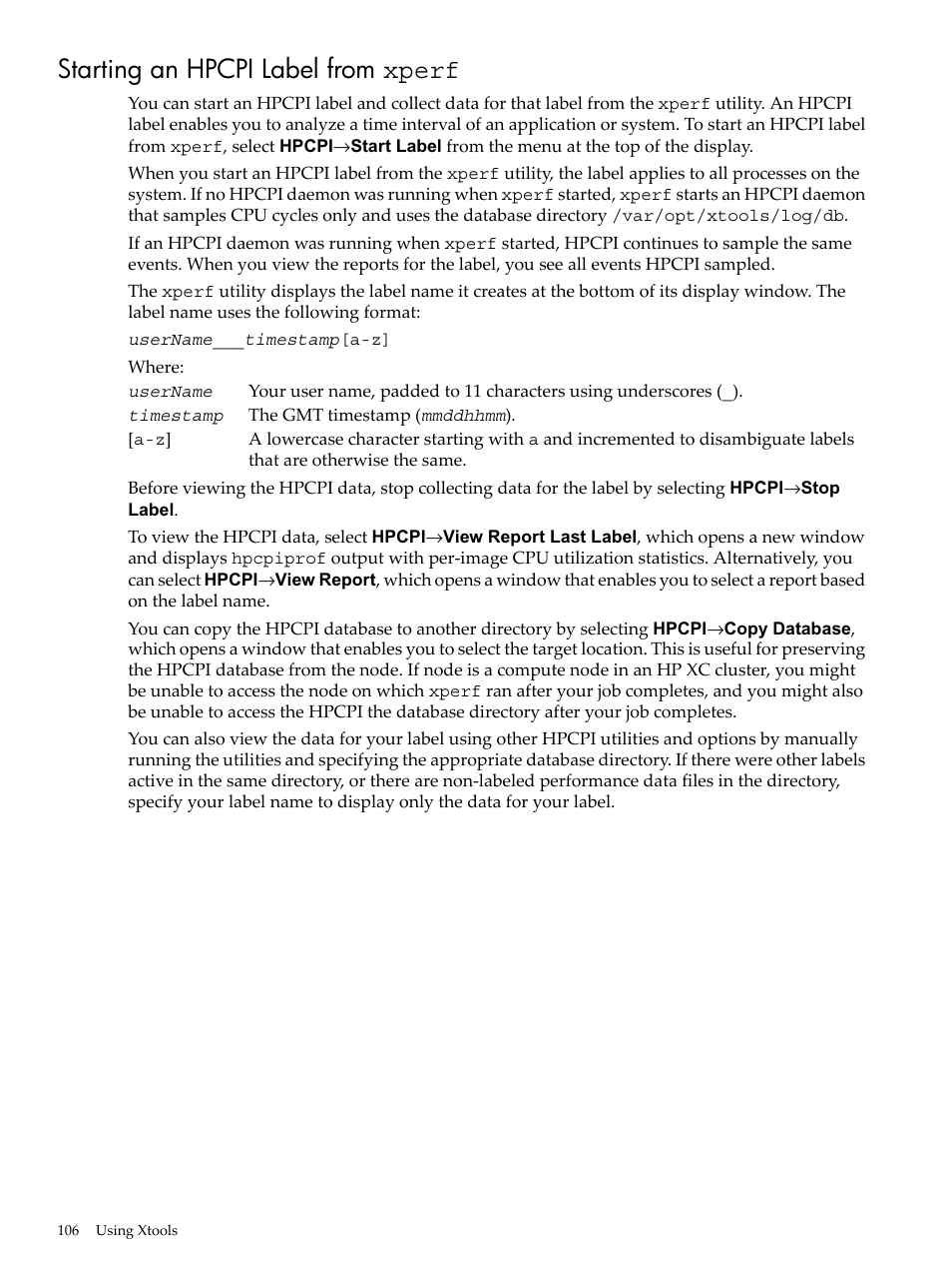 Starting an hpcpi label from xperf | HP XC System 3.x Software User Manual | Page 106 / 131