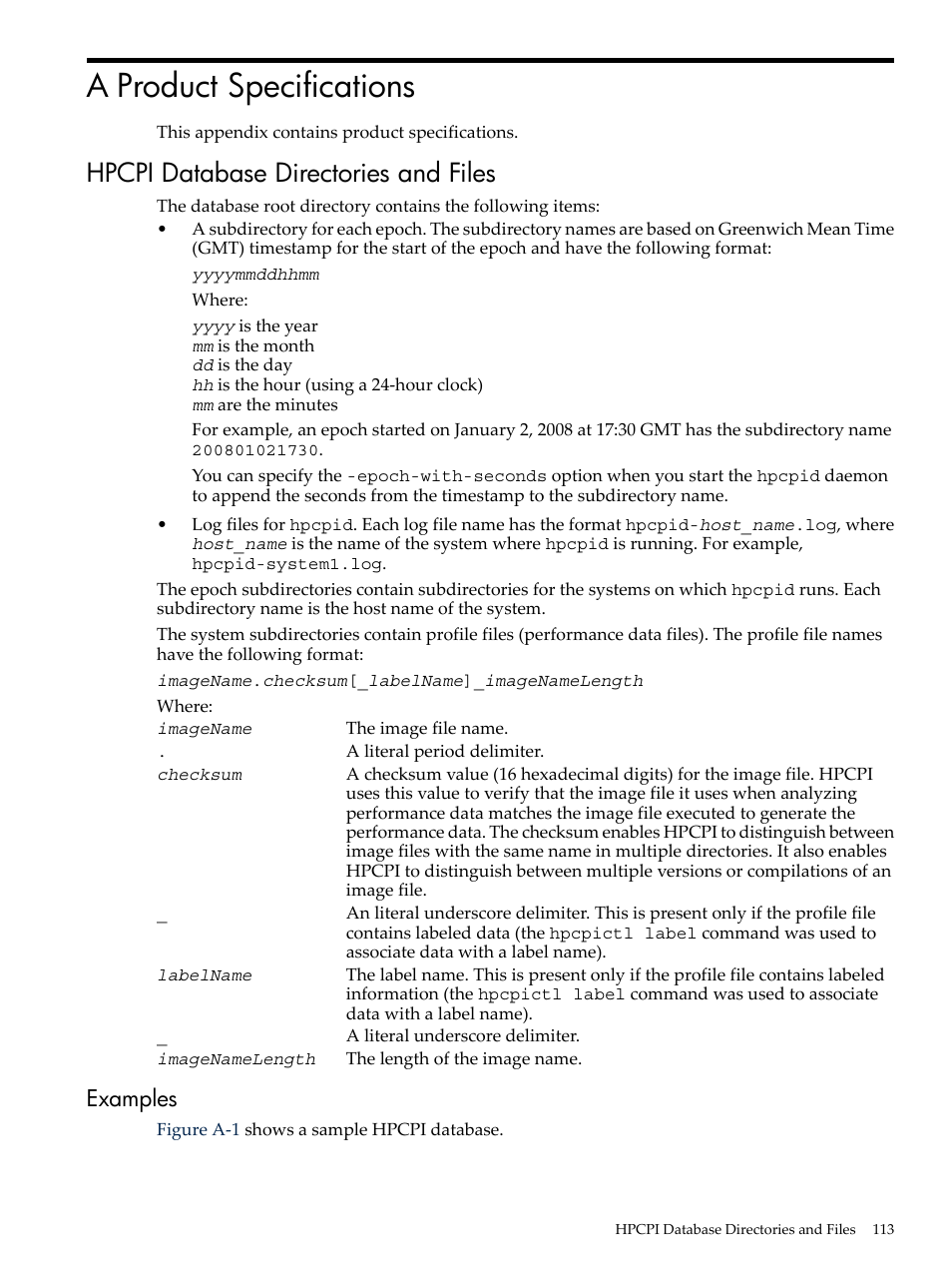 A product specifications, Hpcpi database directories and files, Examples | Appendix a: “product specifications, Hpcpi | HP XC System 3.x Software User Manual | Page 113 / 131