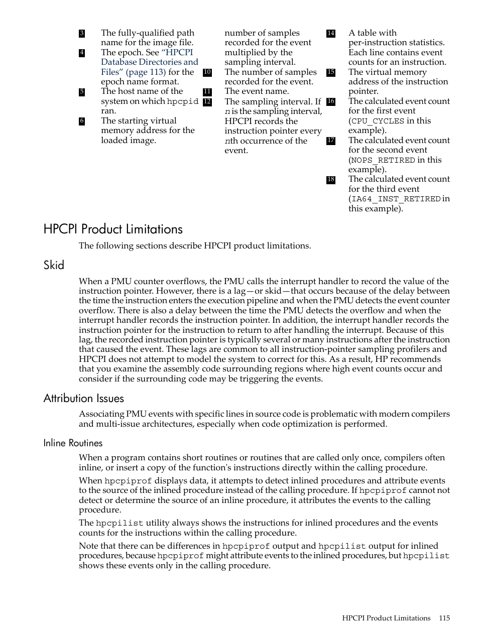 Hpcpi product limitations, Skid, Attribution issues | Inline routines, Skid attribution issues | HP XC System 3.x Software User Manual | Page 115 / 131