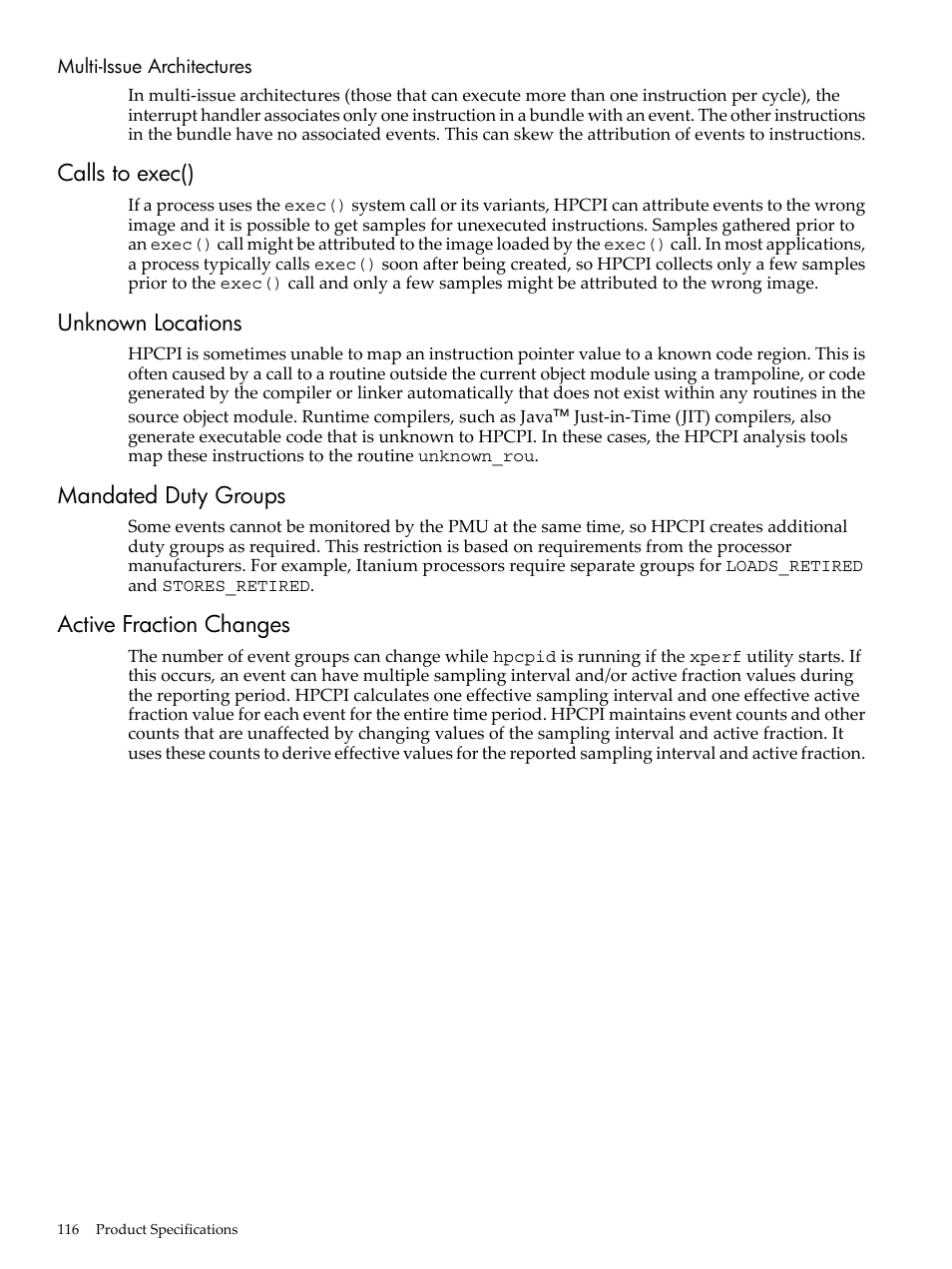 Multi-issue architectures, Calls to exec(), Unknown locations | Mandated duty groups, Active fraction changes | HP XC System 3.x Software User Manual | Page 116 / 131