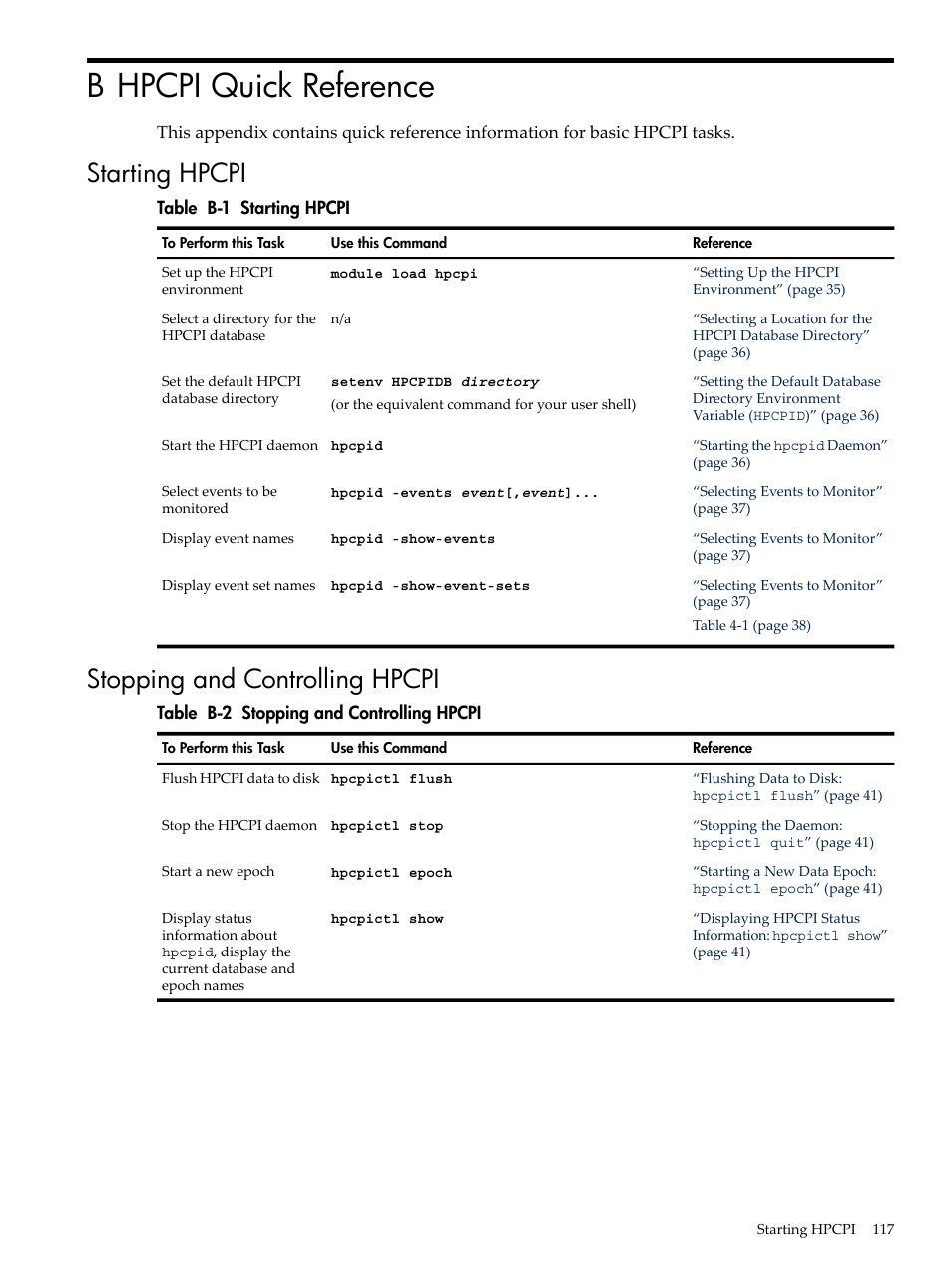 B hpcpi quick reference, Starting hpcpi, Stopping and controlling hpcpi | Starting hpcpi stopping and controlling hpcpi, Appendix b: “hpcpi quick reference | HP XC System 3.x Software User Manual | Page 117 / 131