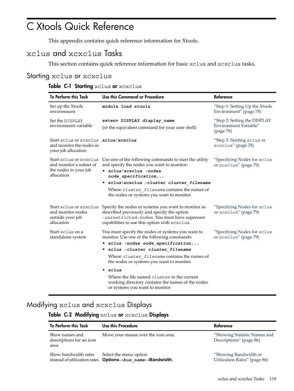 C xtools quick reference, Xclus and xcxclus tasks, Starting xclus or xcxclus | Modifying xclus and xcxclus displays, Xclus, And xcxclus tasks, Modifying xclus or xcxclus displays, Appendix c: “xtools quick reference | HP XC System 3.x Software User Manual | Page 119 / 131