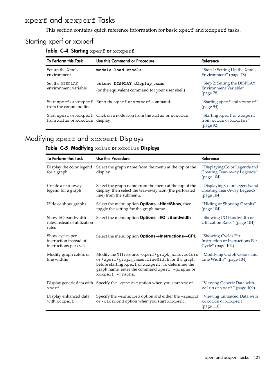 Xperf and xcxperf tasks, Starting xperf or xcxperf, Modifying xperf and xcxperf displays | Xperf, And xcxperf tasks, Modifying xclus or xcxclus displays | HP XC System 3.x Software User Manual | Page 121 / 131