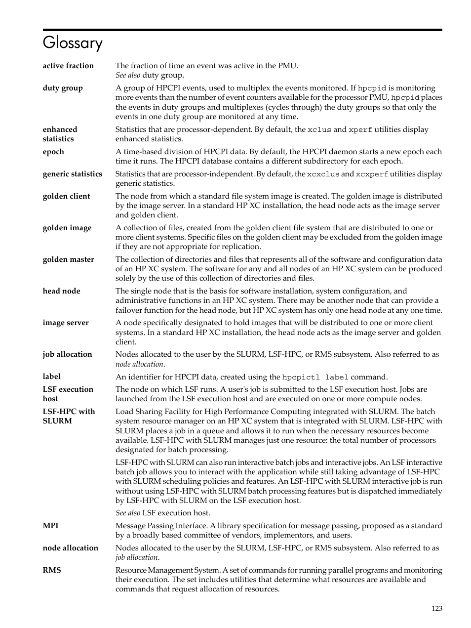 Glossary, Enhanced statistics, Generic | Statistics, Epoch | HP XC System 3.x Software User Manual | Page 123 / 131