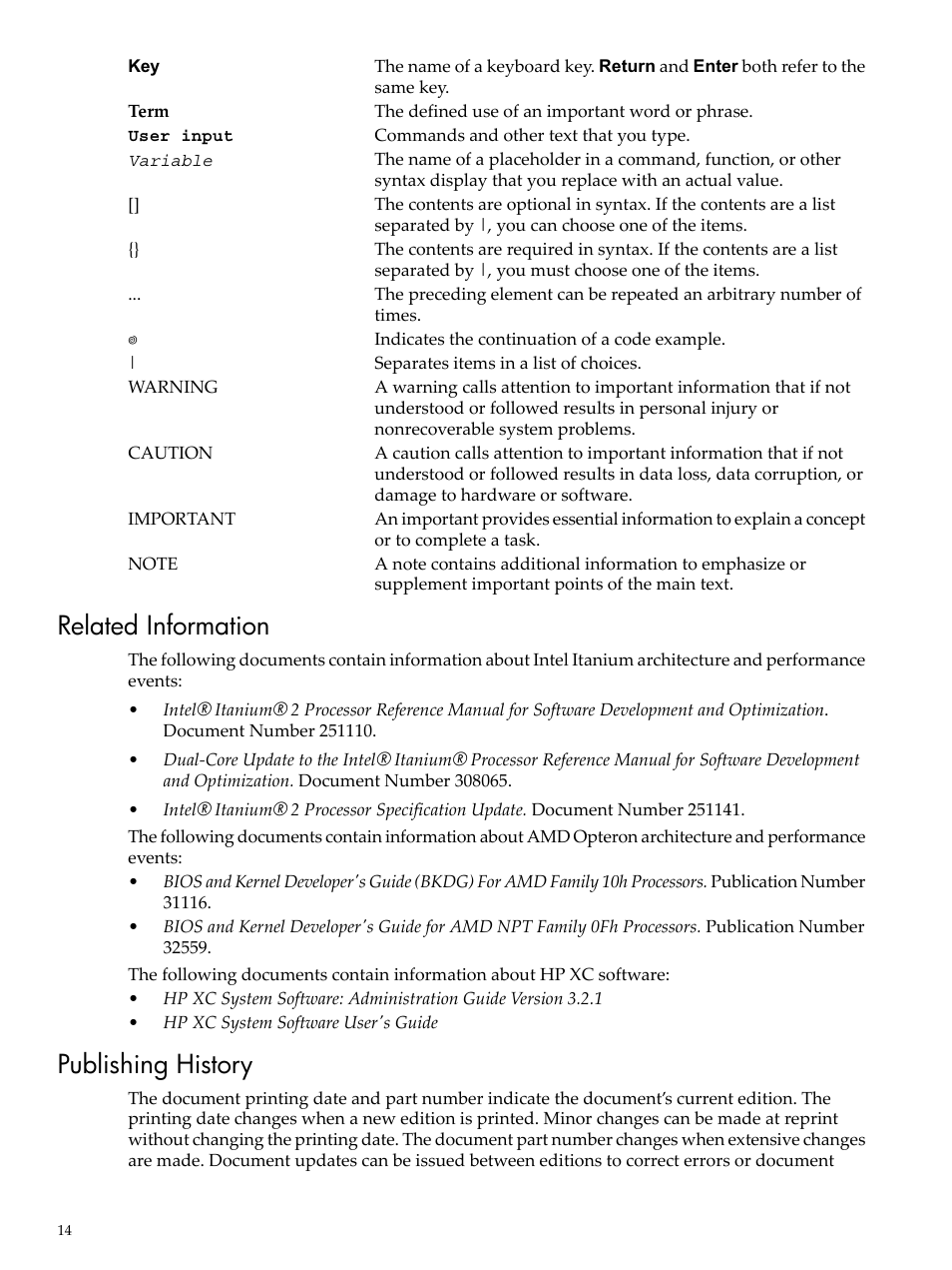 Related information, Publishing history, Related information publishing history | HP XC System 3.x Software User Manual | Page 14 / 131