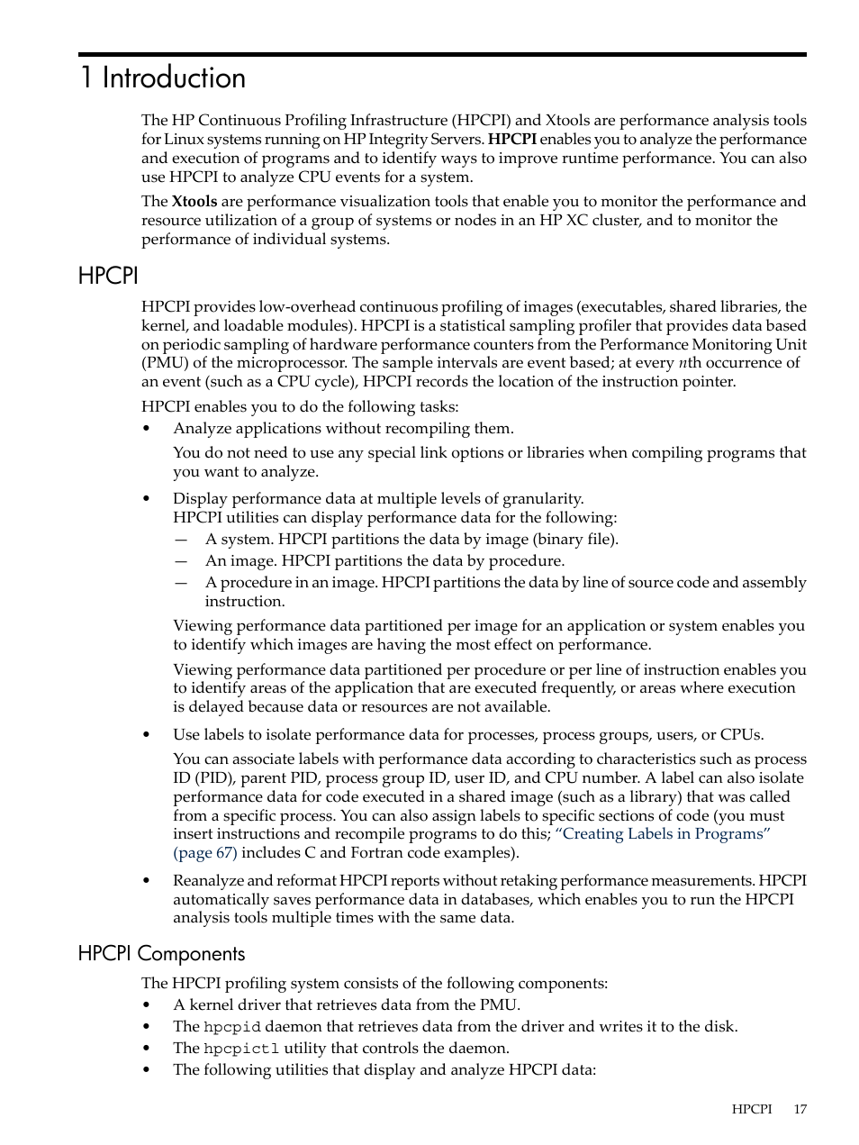 1 introduction, Hpcpi, Hpcpi components | Chapter 1: “introduction | HP XC System 3.x Software User Manual | Page 17 / 131